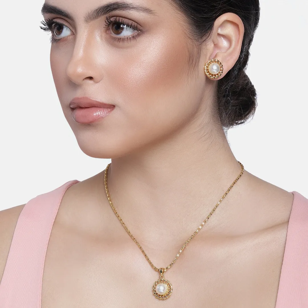 Estele 24 KT Gold Plated Pearl Floral Stud Fancy Pendant Set for Women / Girls