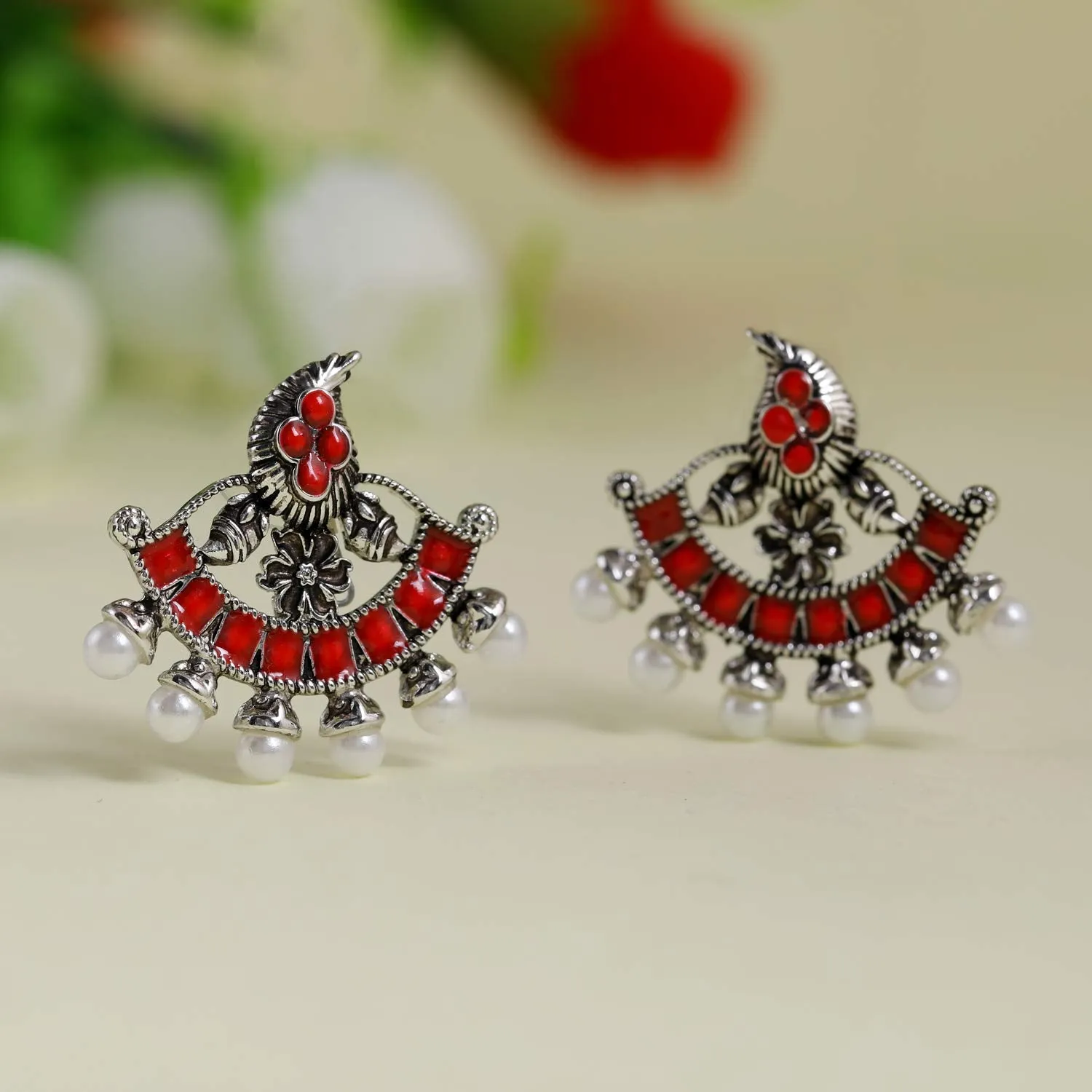 Estele Afghani Tribal Beads Oxidised Silver Chandbali Earrings for women