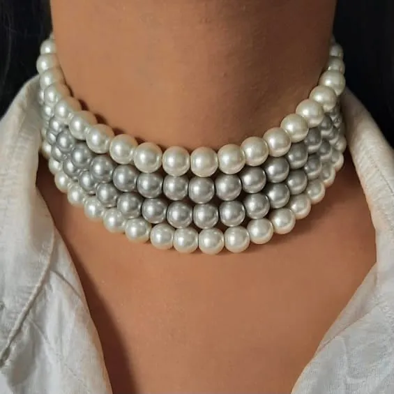 Estele - Dreamy White and Silver Grey Four Line Pearl Choker