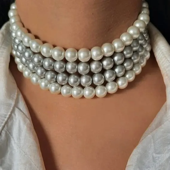 Estele - Dreamy White and Silver Grey Four Line Pearl Choker