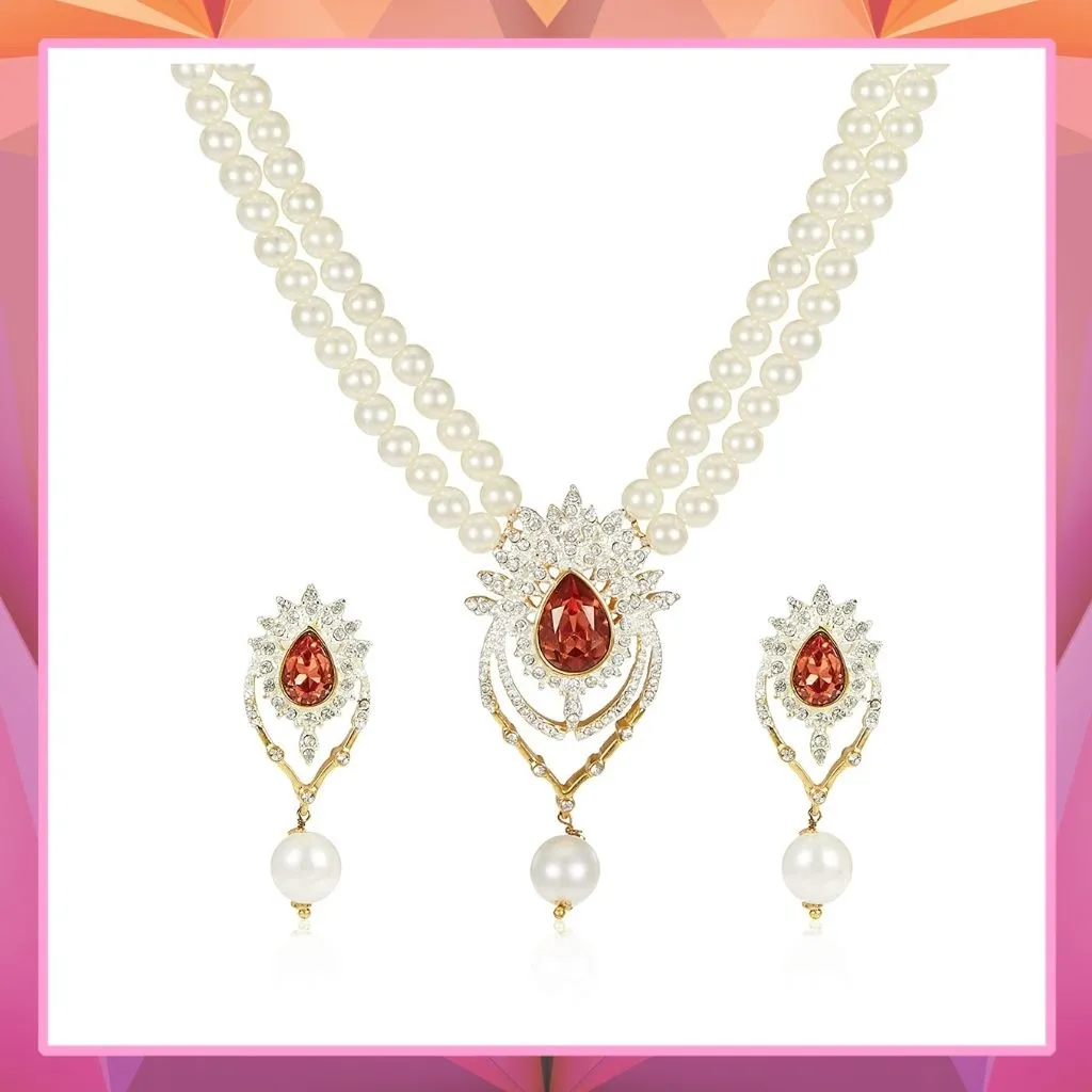 Estele Gold & Rhodium Plated Shinning Pearl Necklace Set for Women