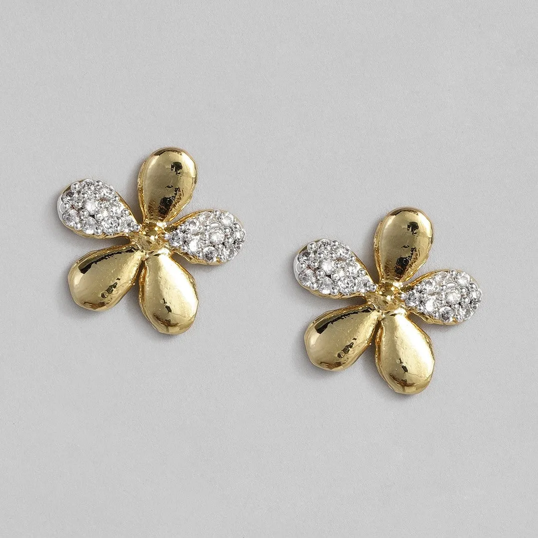 Estele Gold and Silver Plated American Diamond Petal Stud Earrings for women