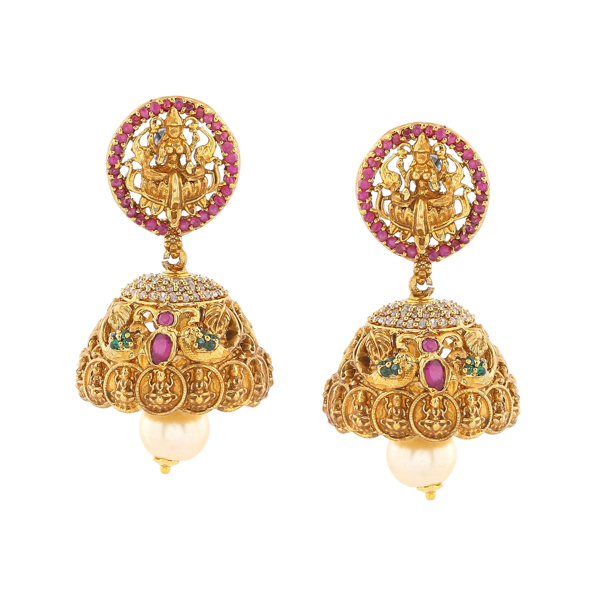 Estele Gold Plated CZ Goddess Lakshmi Devi Designer Jhumki Earrings with Pearls for Women