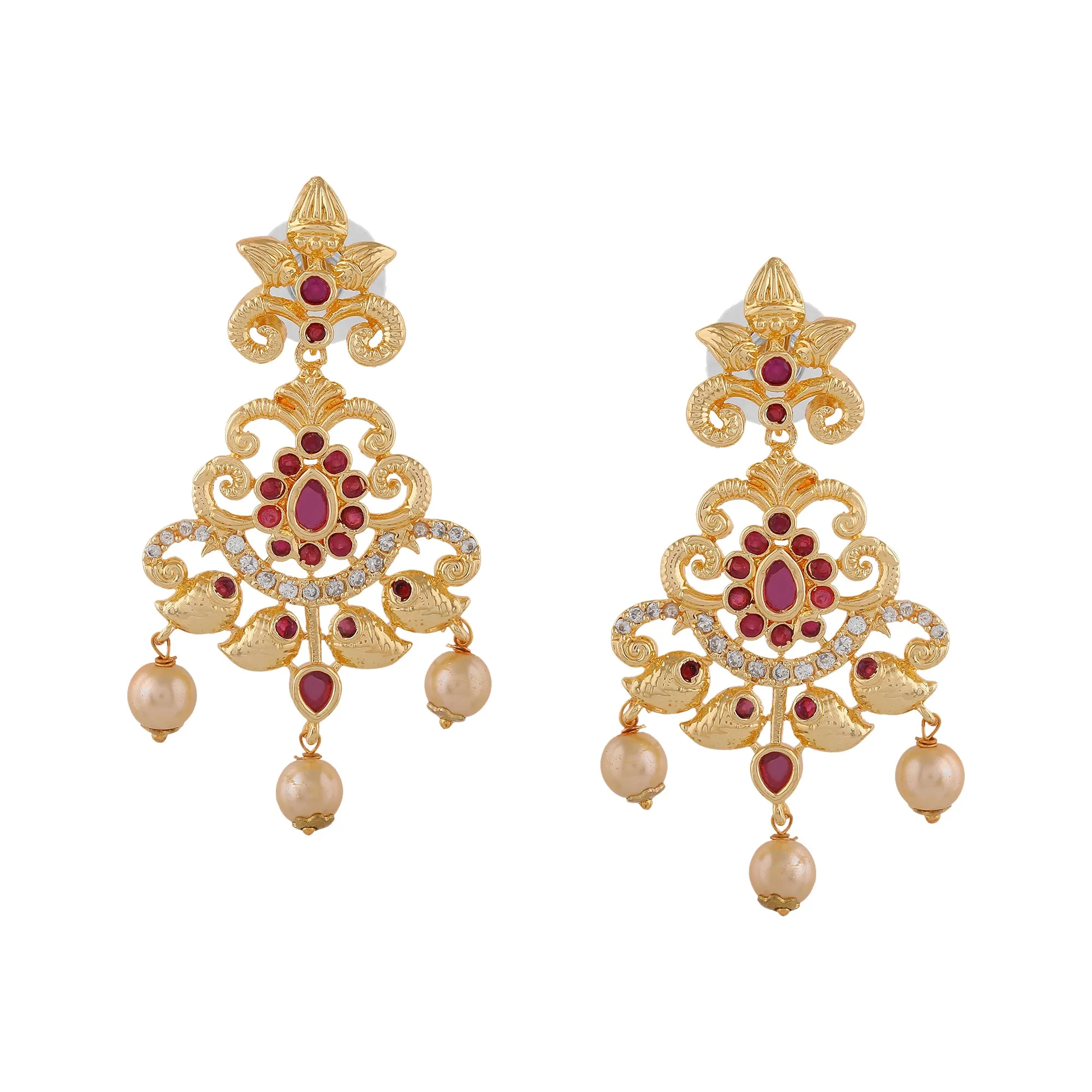 Estele Gold Plated CZ Swirling Symphony Earrings with Pearl & Ruby Crystals for Women