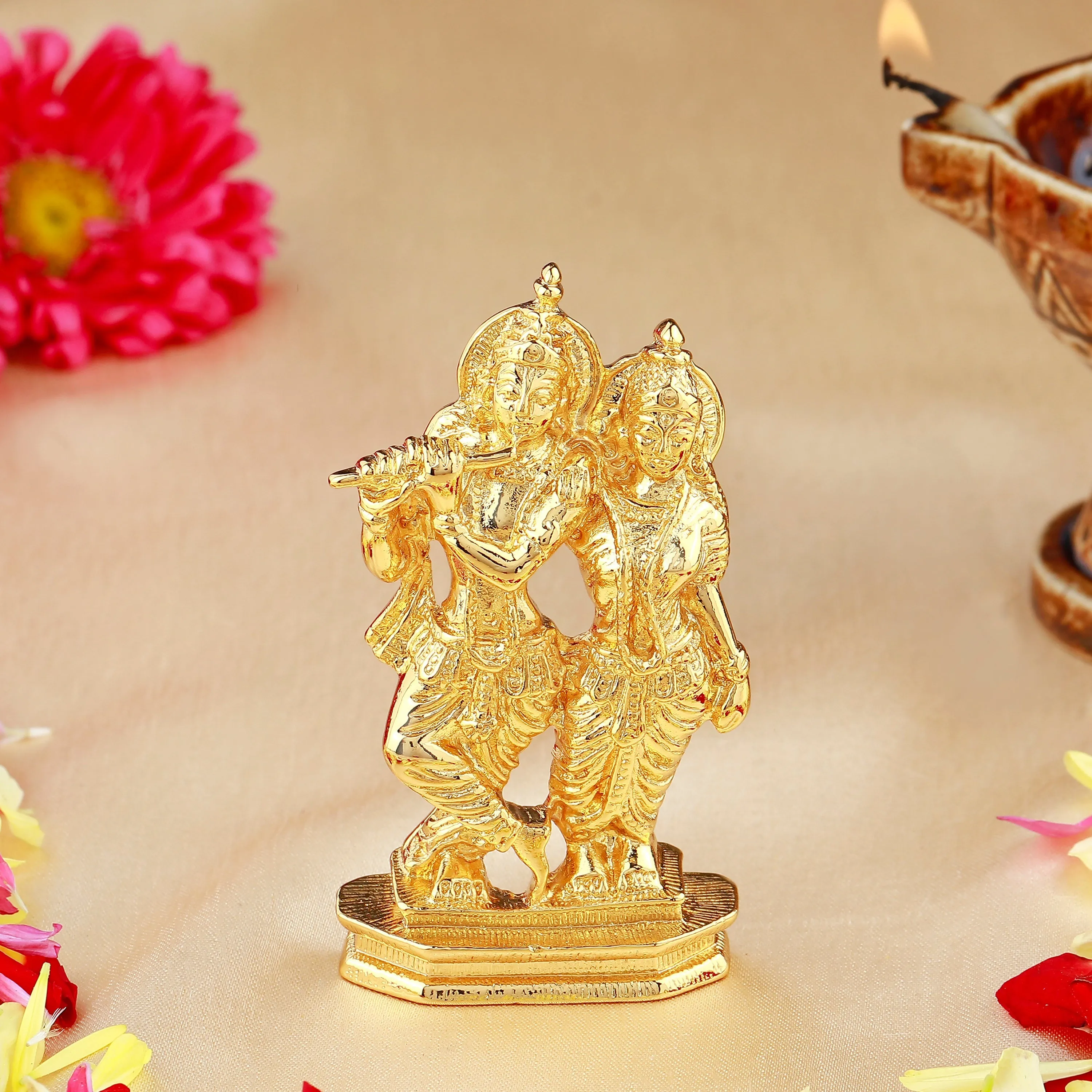 Estele Gold Plated Devotional Shree Radha Krishna Idol for Home/Car Decor.