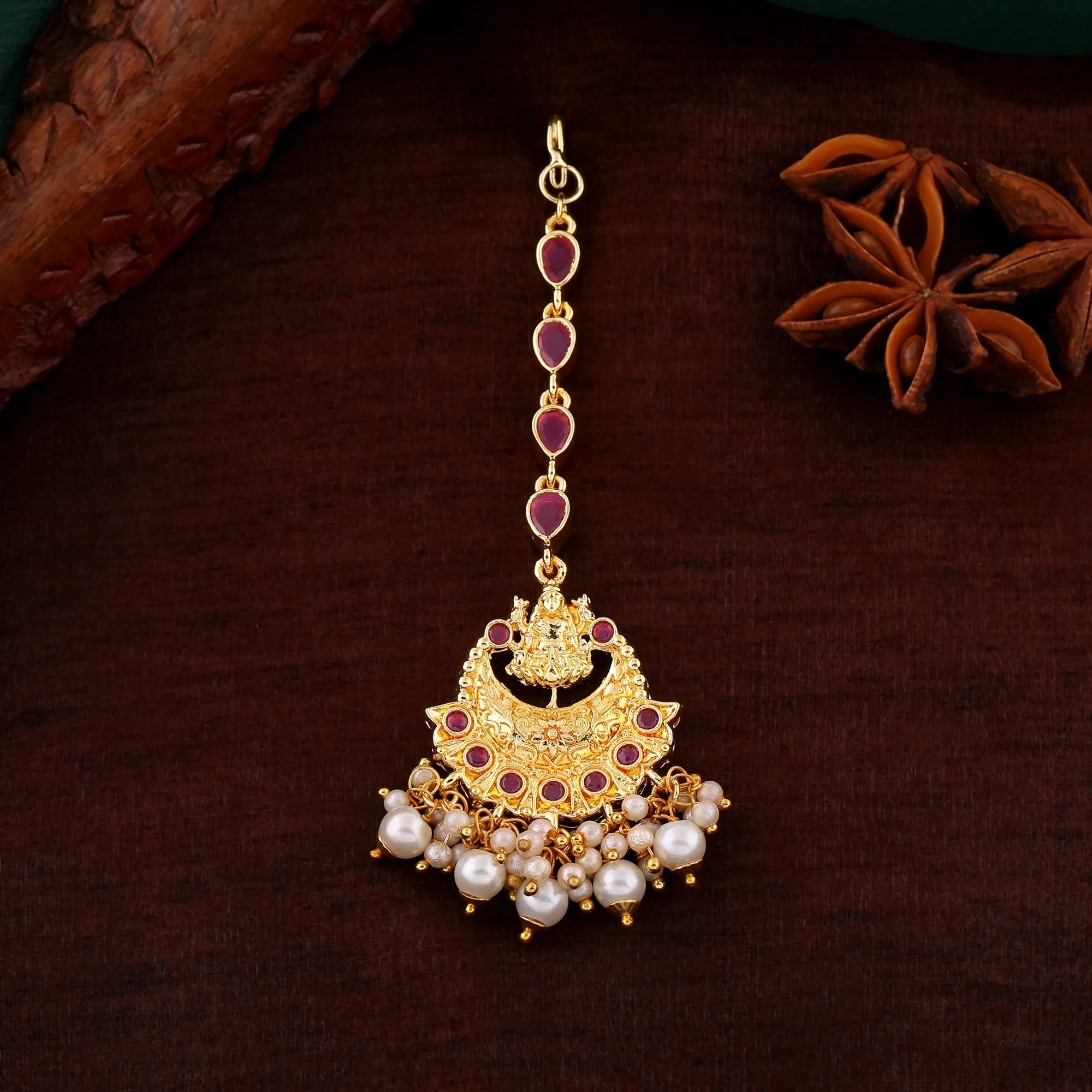 Estele Gold Plated Divine Laxmi Ji Designer Maang Tikka with Pearl for Women