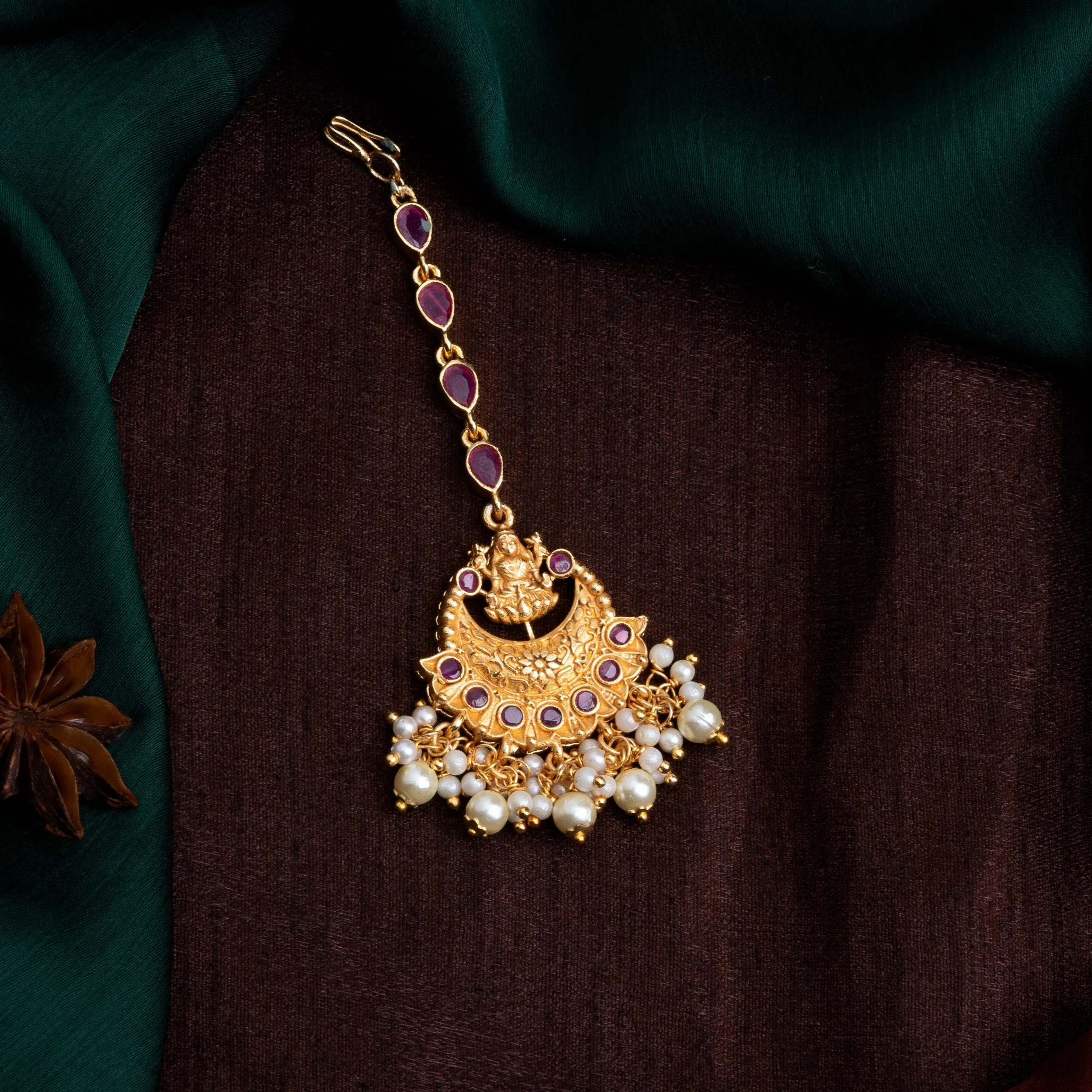 Estele Gold Plated Divine Laxmi Ji Designer Maang Tikka with Pearl for Women