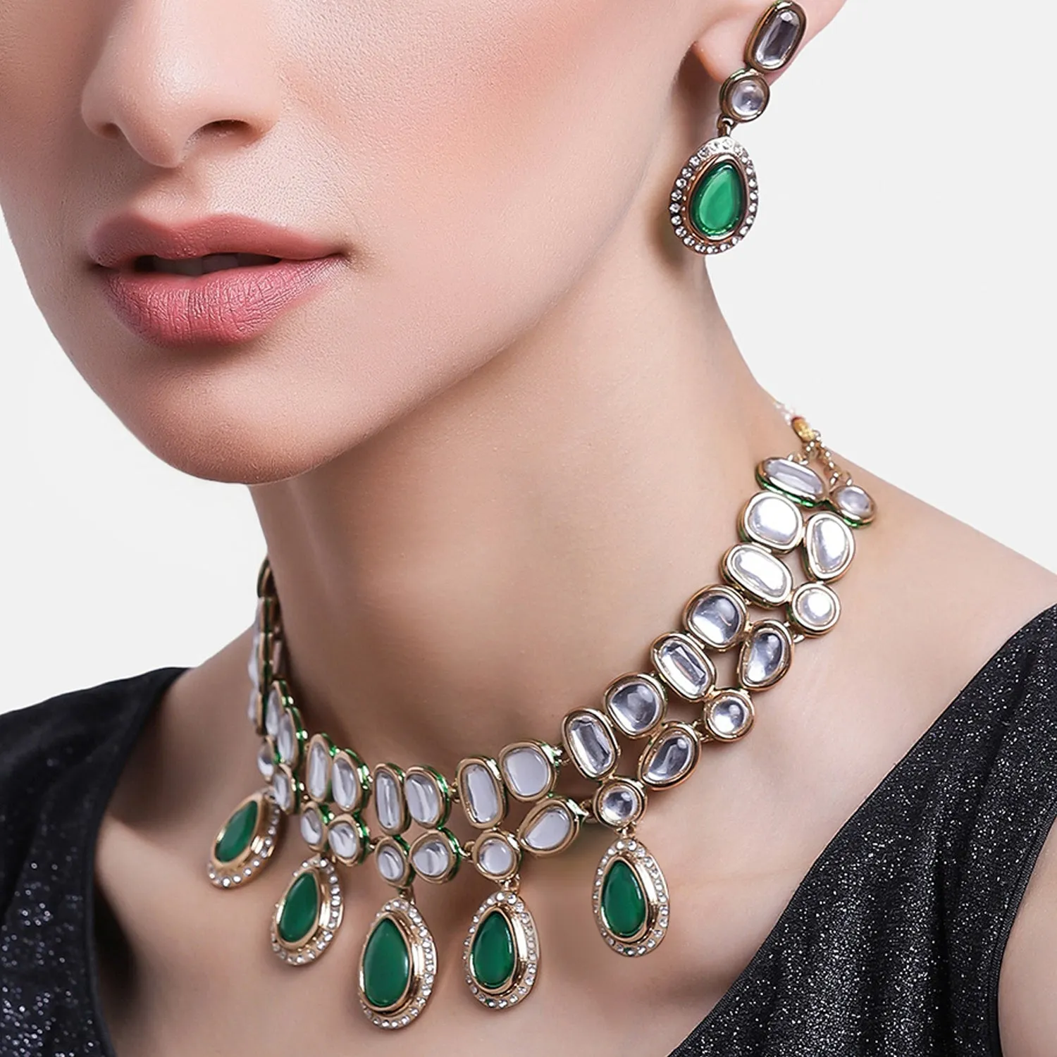 ESTELE - Traditional Polki and Emrald stones with American Diamond Necklace set for Women