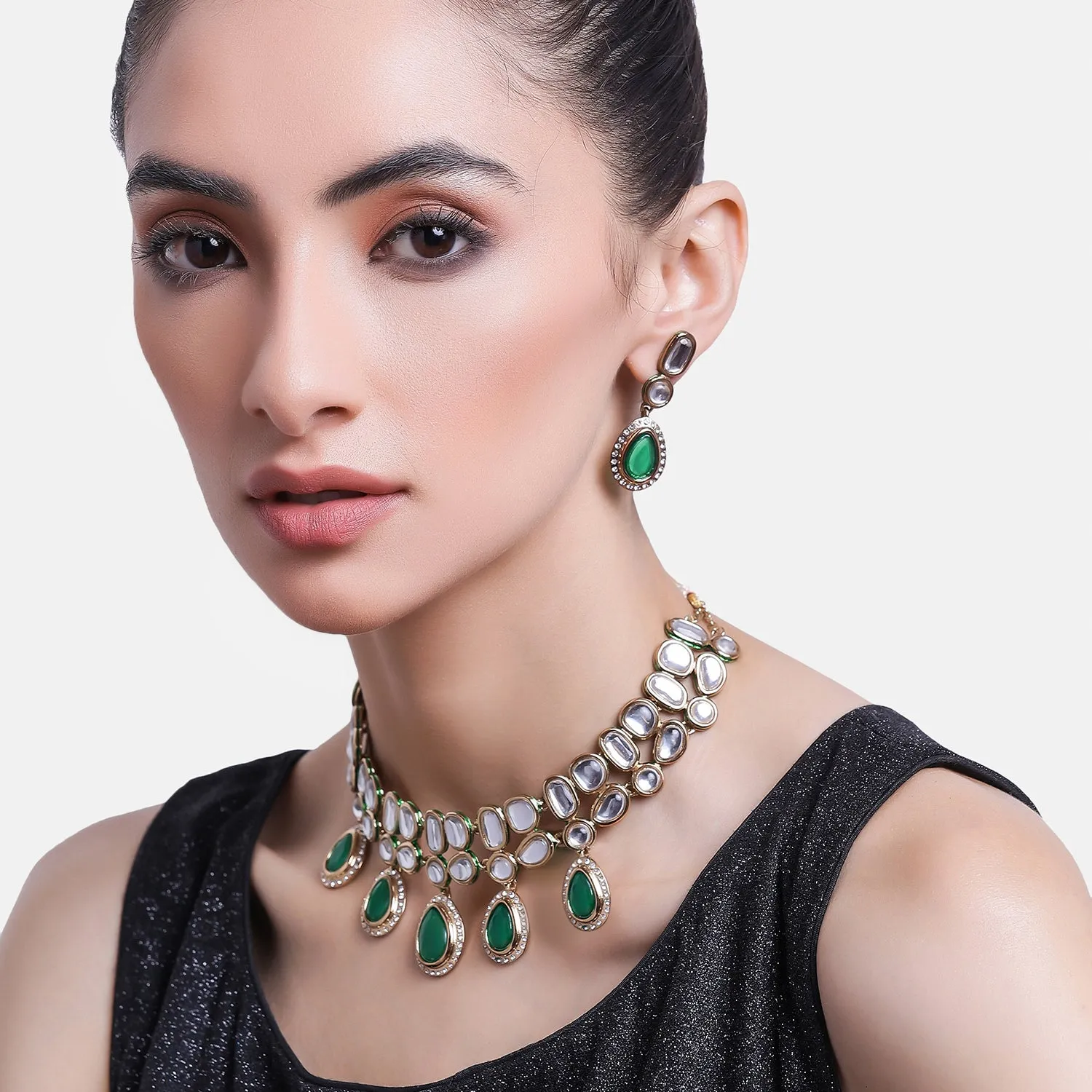 ESTELE - Traditional Polki and Emrald stones with American Diamond Necklace set for Women