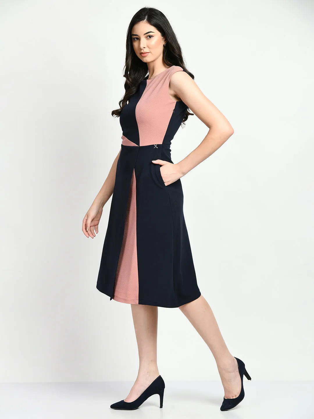 Exude Elegance Colour Blocked A-line Wrap Dress (Navy   Pink)