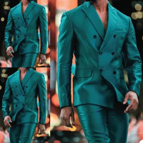 Foesce -Pieces Men Suits Fashion Double Breasted Bright Green Customized Handsome Slim Fit Party Suits Coat Pant