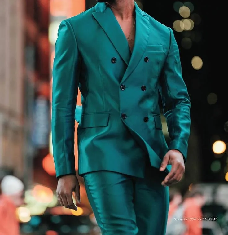 Foesce -Pieces Men Suits Fashion Double Breasted Bright Green Customized Handsome Slim Fit Party Suits Coat Pant