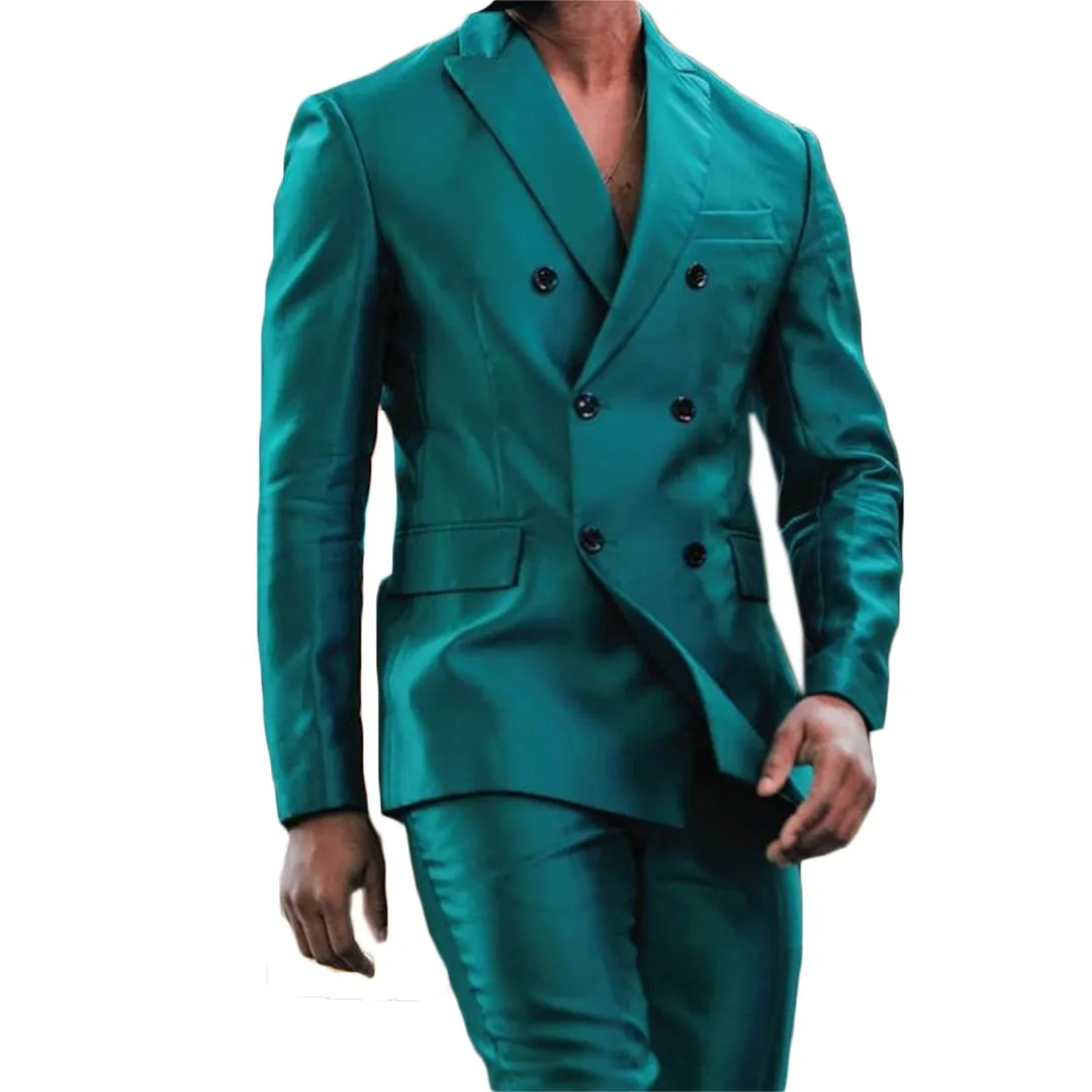 Foesce -Pieces Men Suits Fashion Double Breasted Bright Green Customized Handsome Slim Fit Party Suits Coat Pant