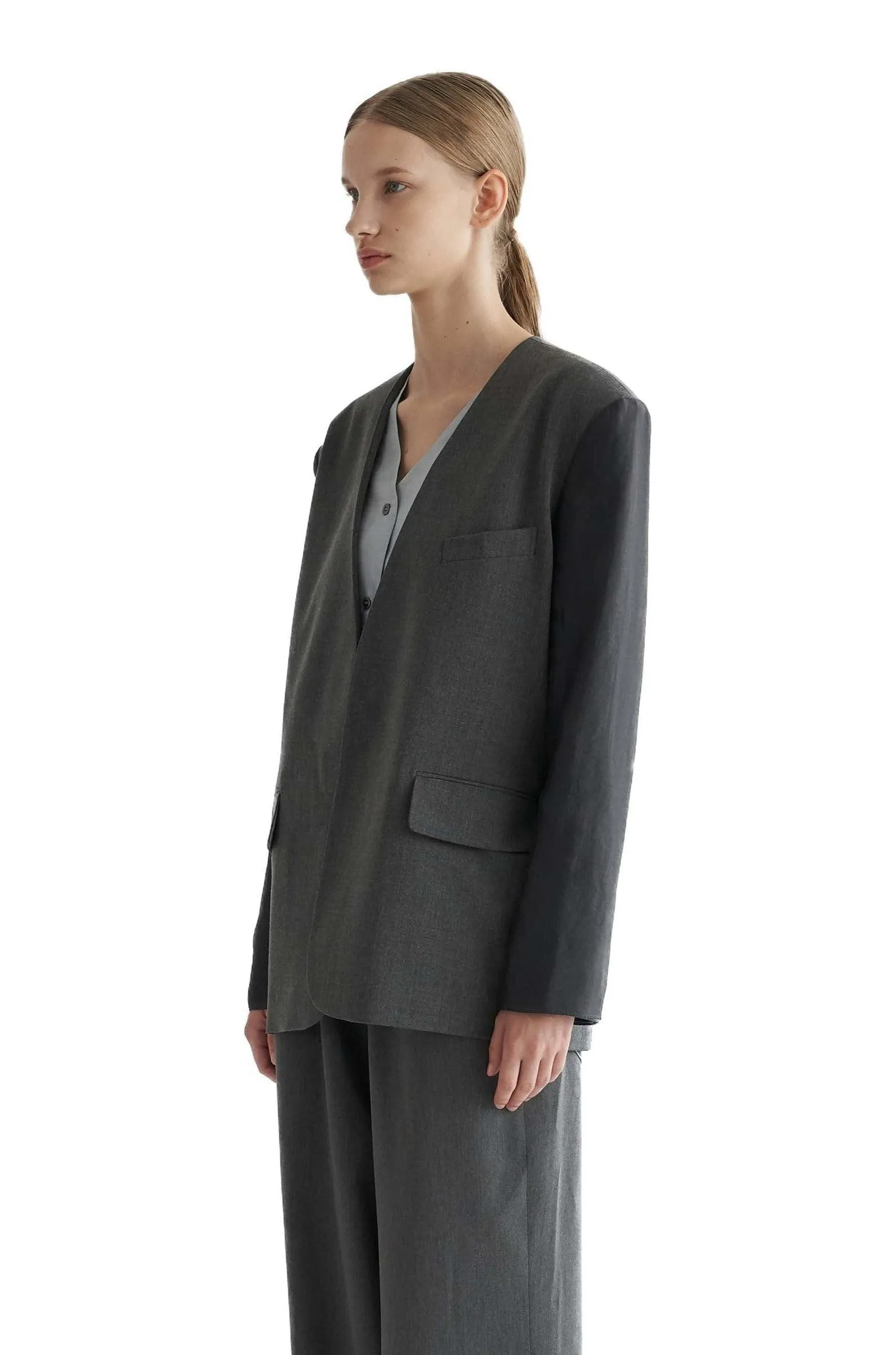 Grey Collarless Organza Jacket