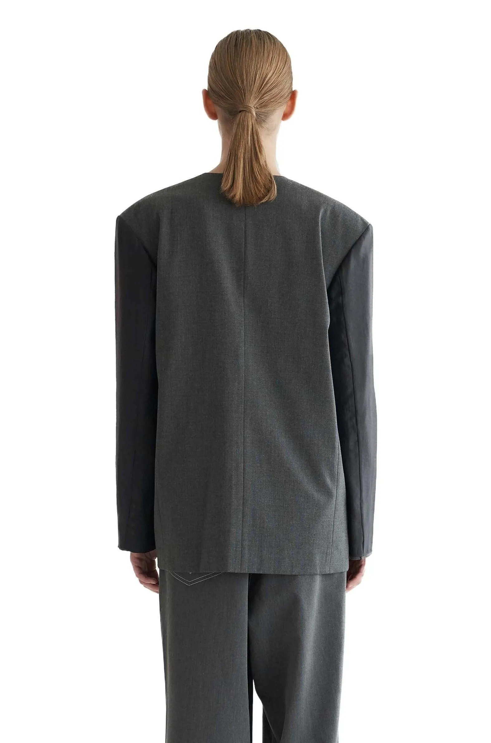 Grey Collarless Organza Jacket