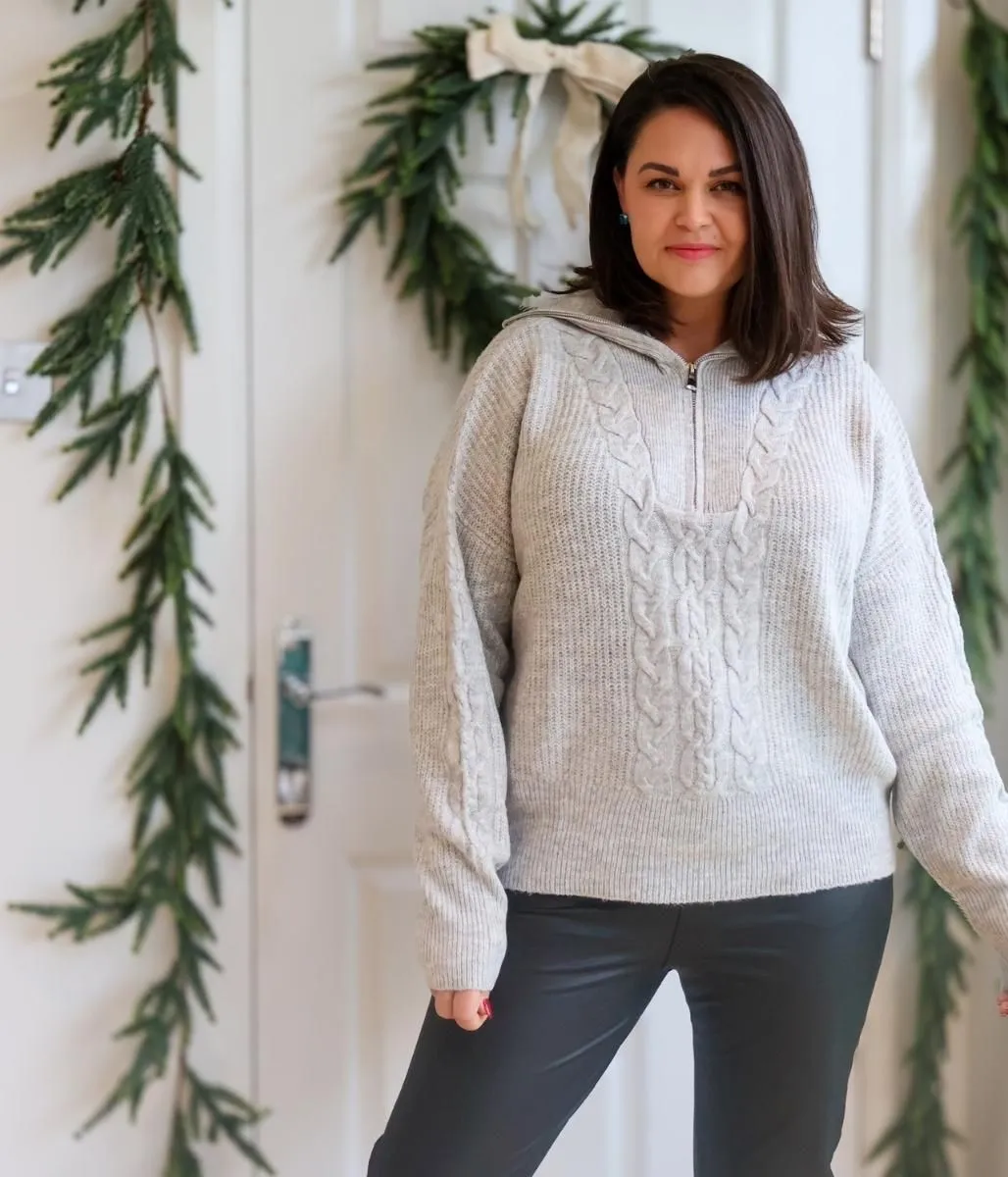 Grey Half Zip Cable Knit Jumper