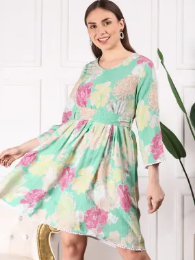 ISHIN Women Floral Printed Flared Sleeves Sequinned Fit & Flare Dress