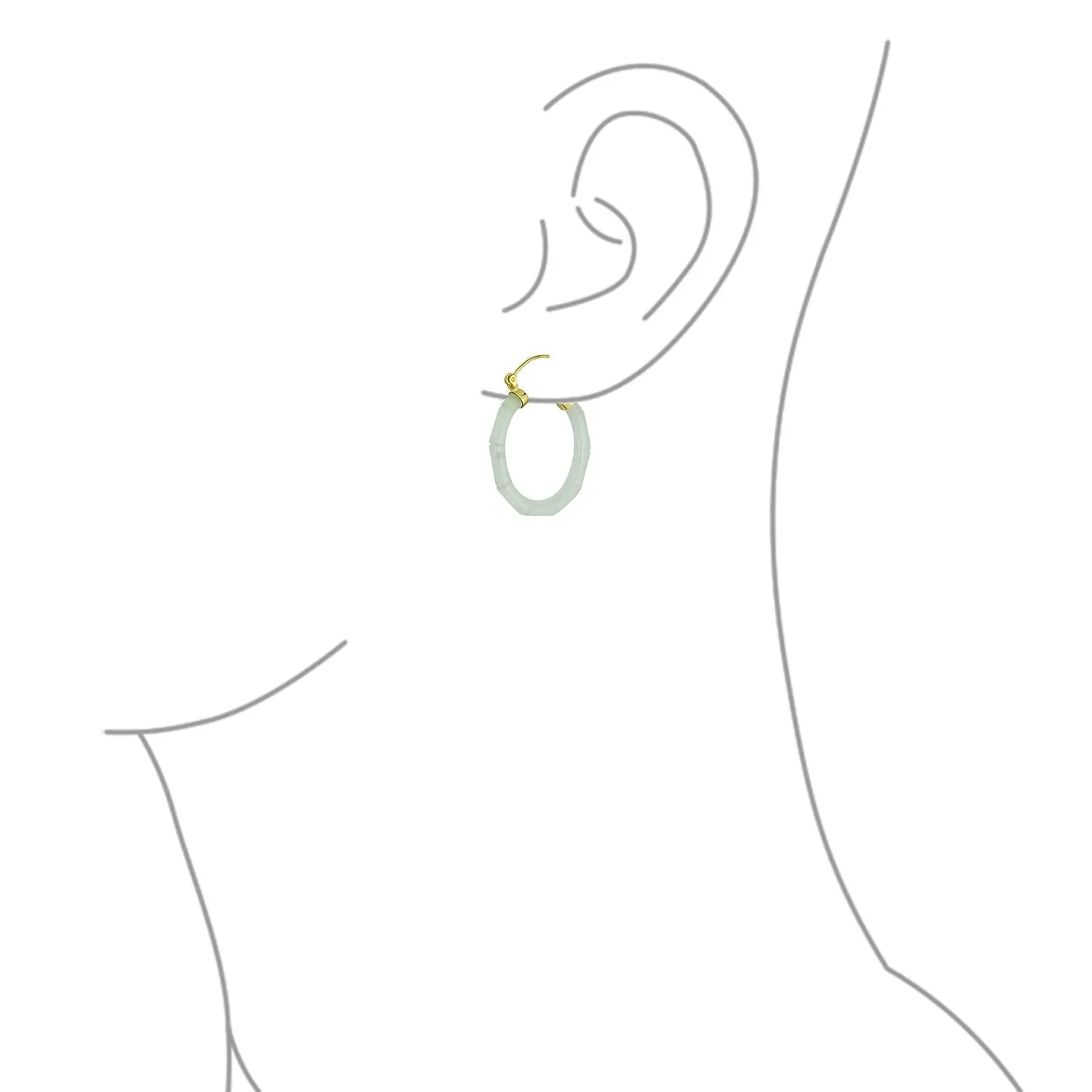 Jade Gemstone Green Jade Bamboo Hoop Earrings Sterling Silver 1.2" Dia