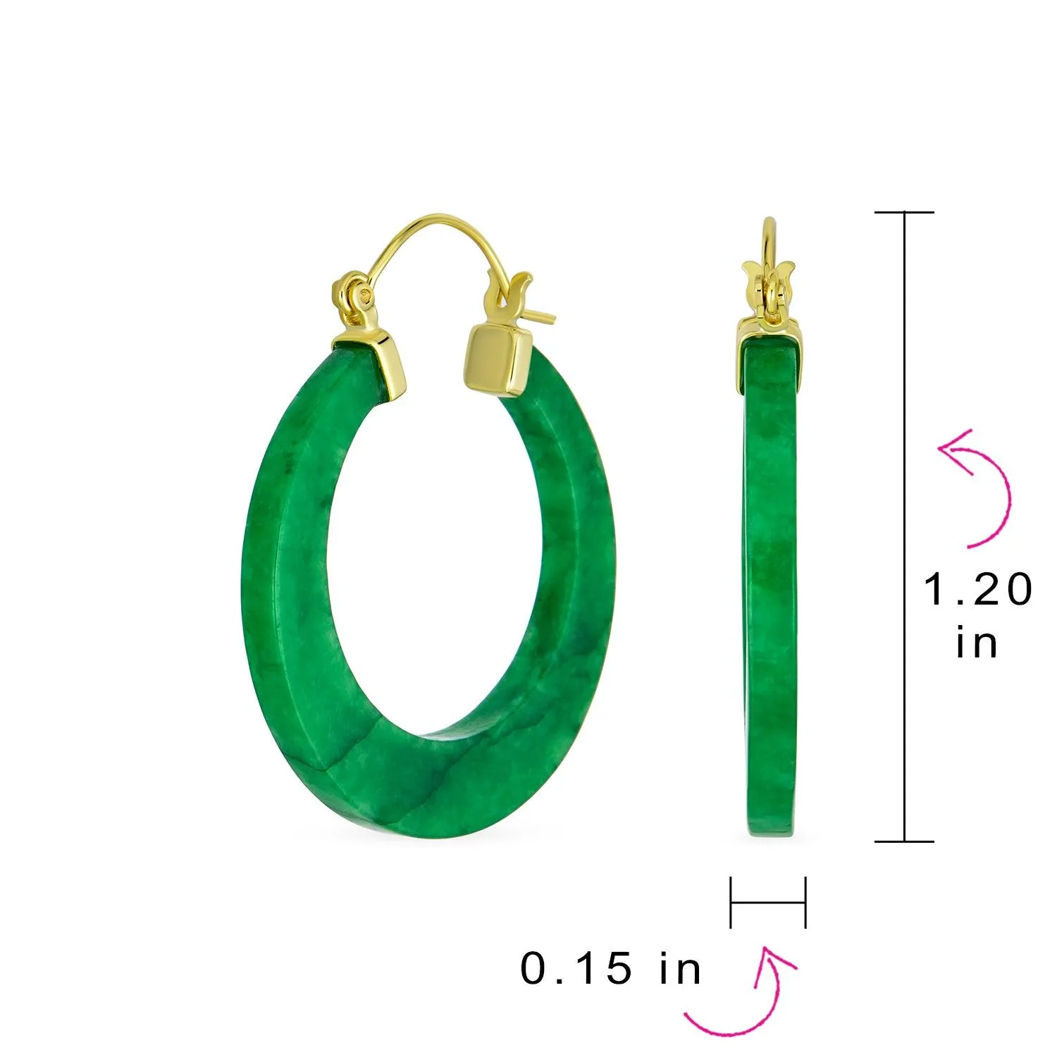 Jade Gemstone Green Jade Bamboo Hoop Earrings Sterling Silver 1.2" Dia