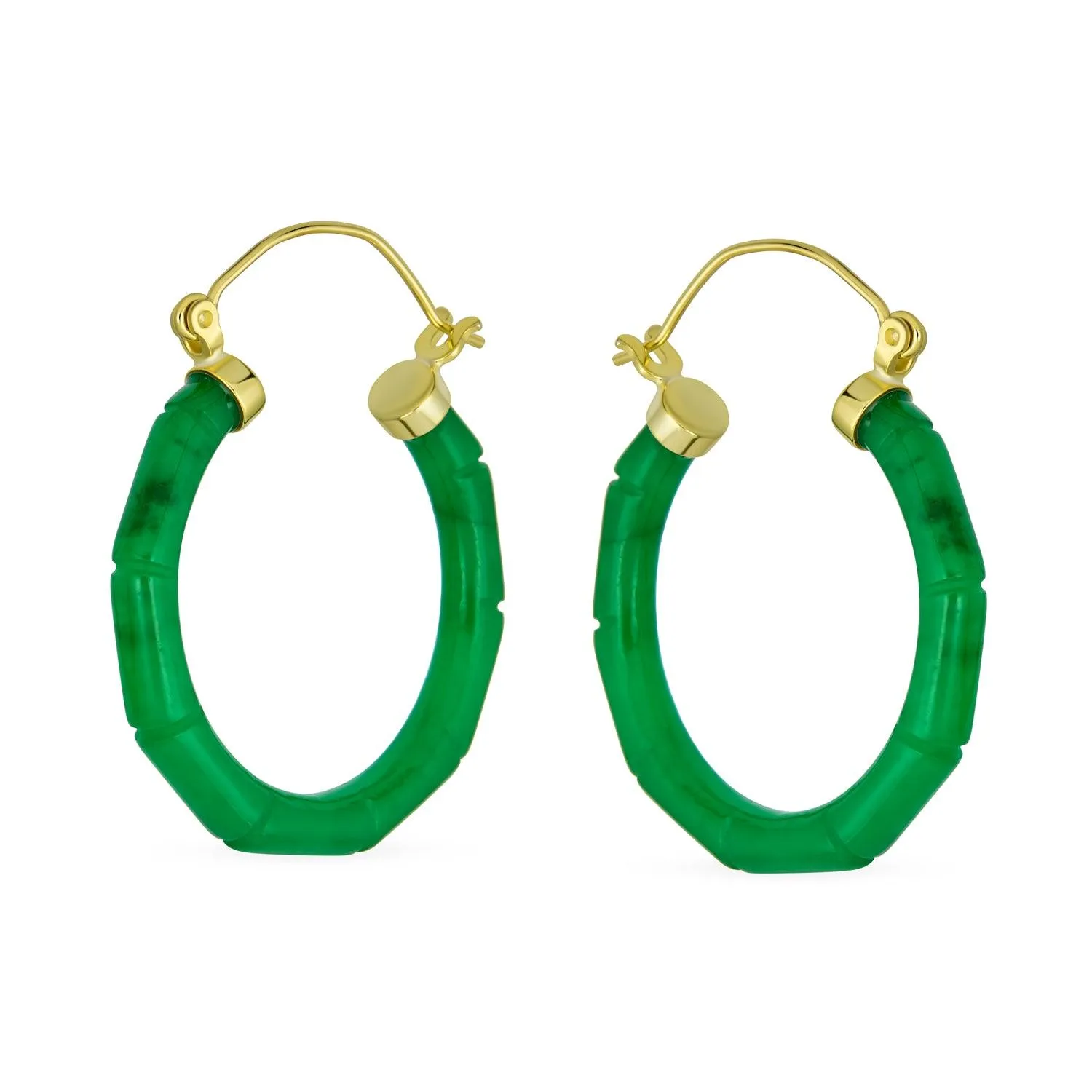 Jade Gemstone Green Jade Bamboo Hoop Earrings Sterling Silver 1.2" Dia