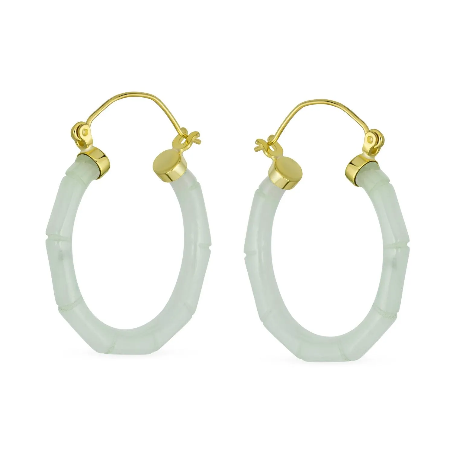 Jade Gemstone Green Jade Bamboo Hoop Earrings Sterling Silver 1.2" Dia