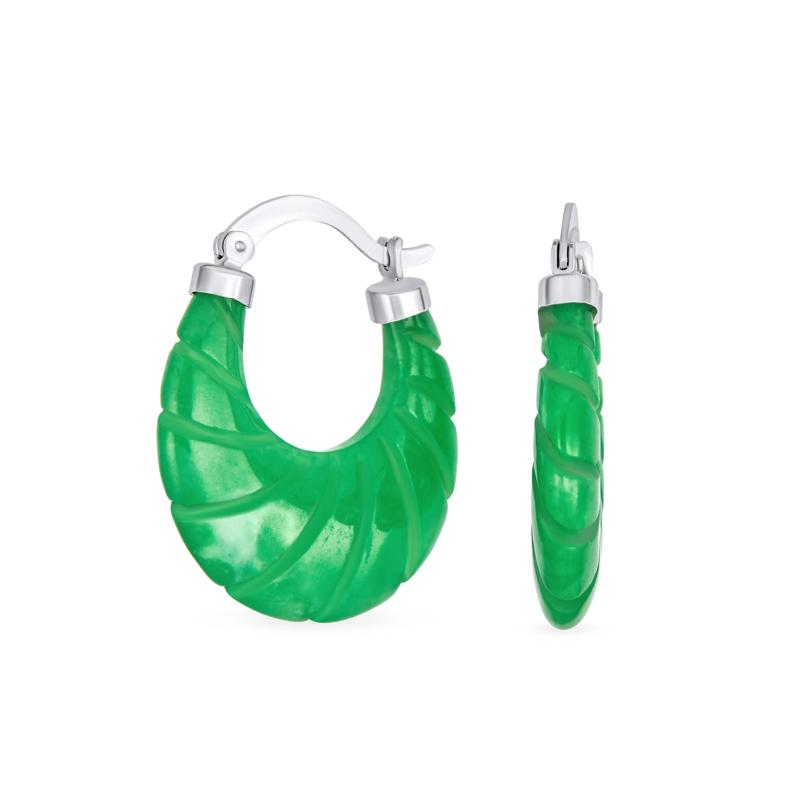 Jade Gemstone Green Jade Bamboo Hoop Earrings Sterling Silver 1.2" Dia