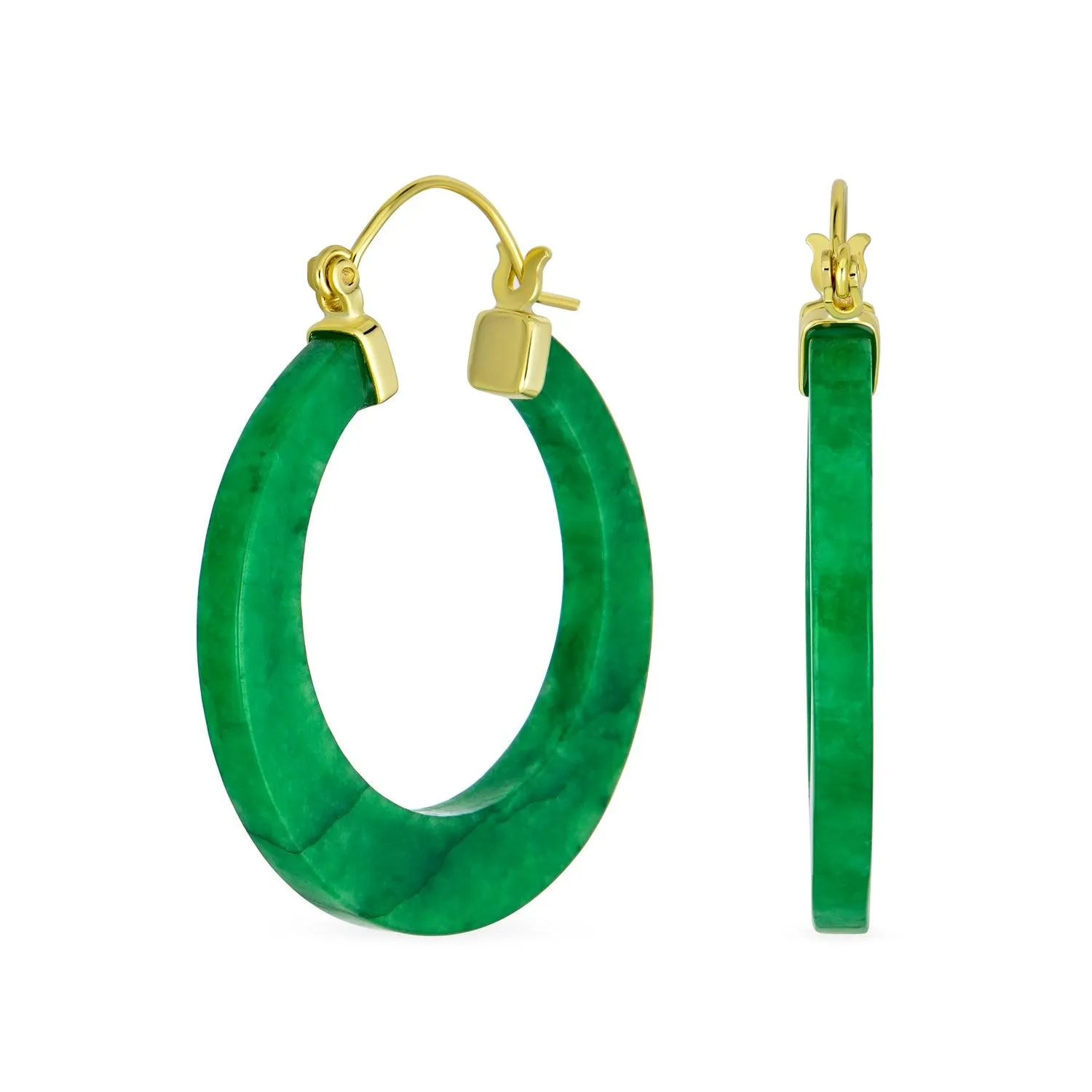 Jade Gemstone Green Jade Bamboo Hoop Earrings Sterling Silver 1.2" Dia