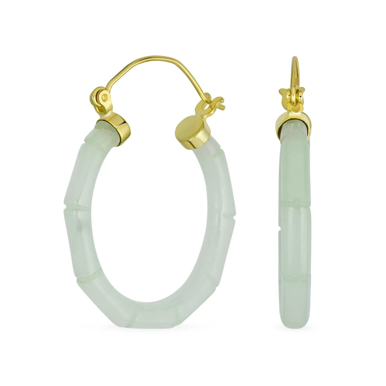 Jade Gemstone Green Jade Bamboo Hoop Earrings Sterling Silver 1.2" Dia