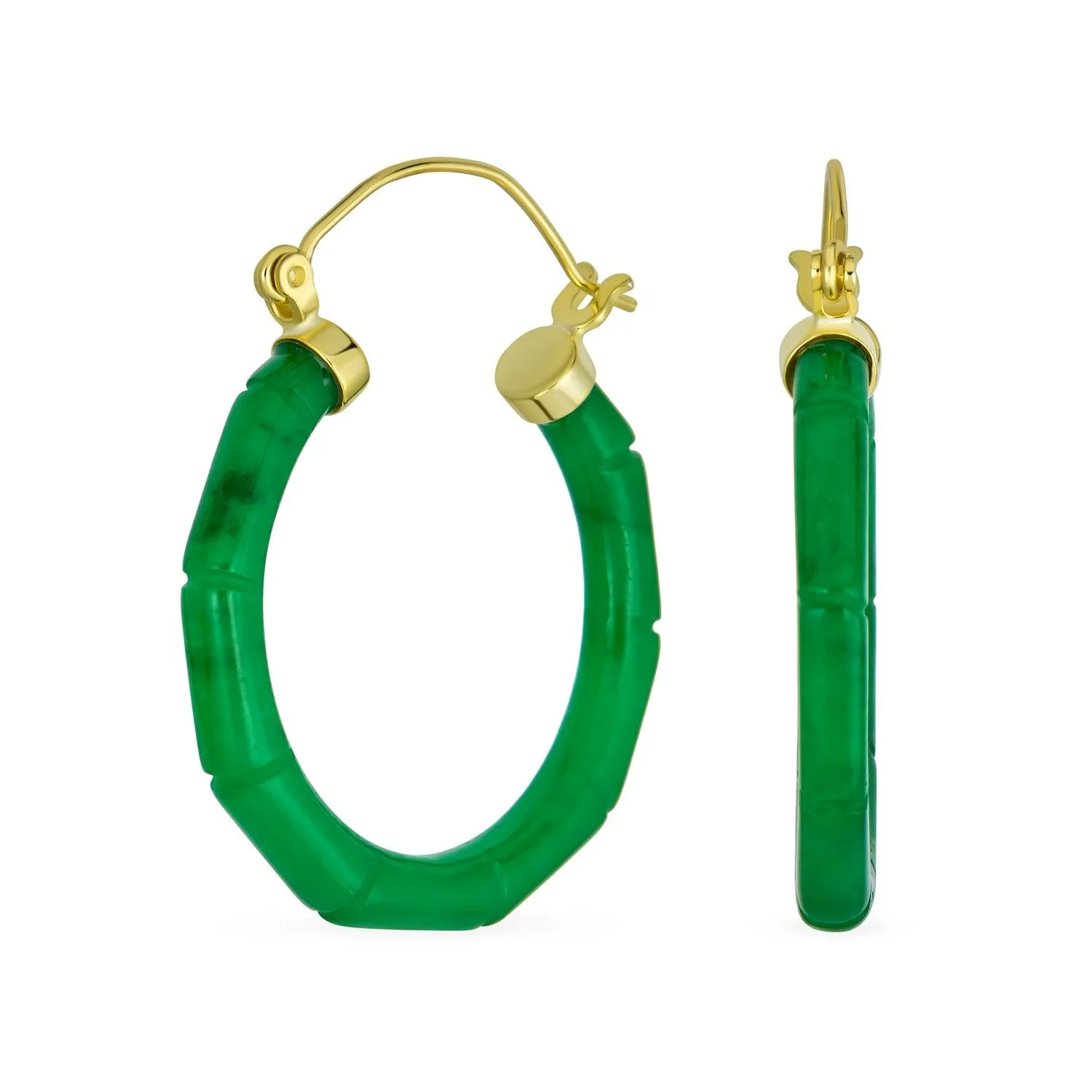 Jade Gemstone Green Jade Bamboo Hoop Earrings Sterling Silver 1.2" Dia