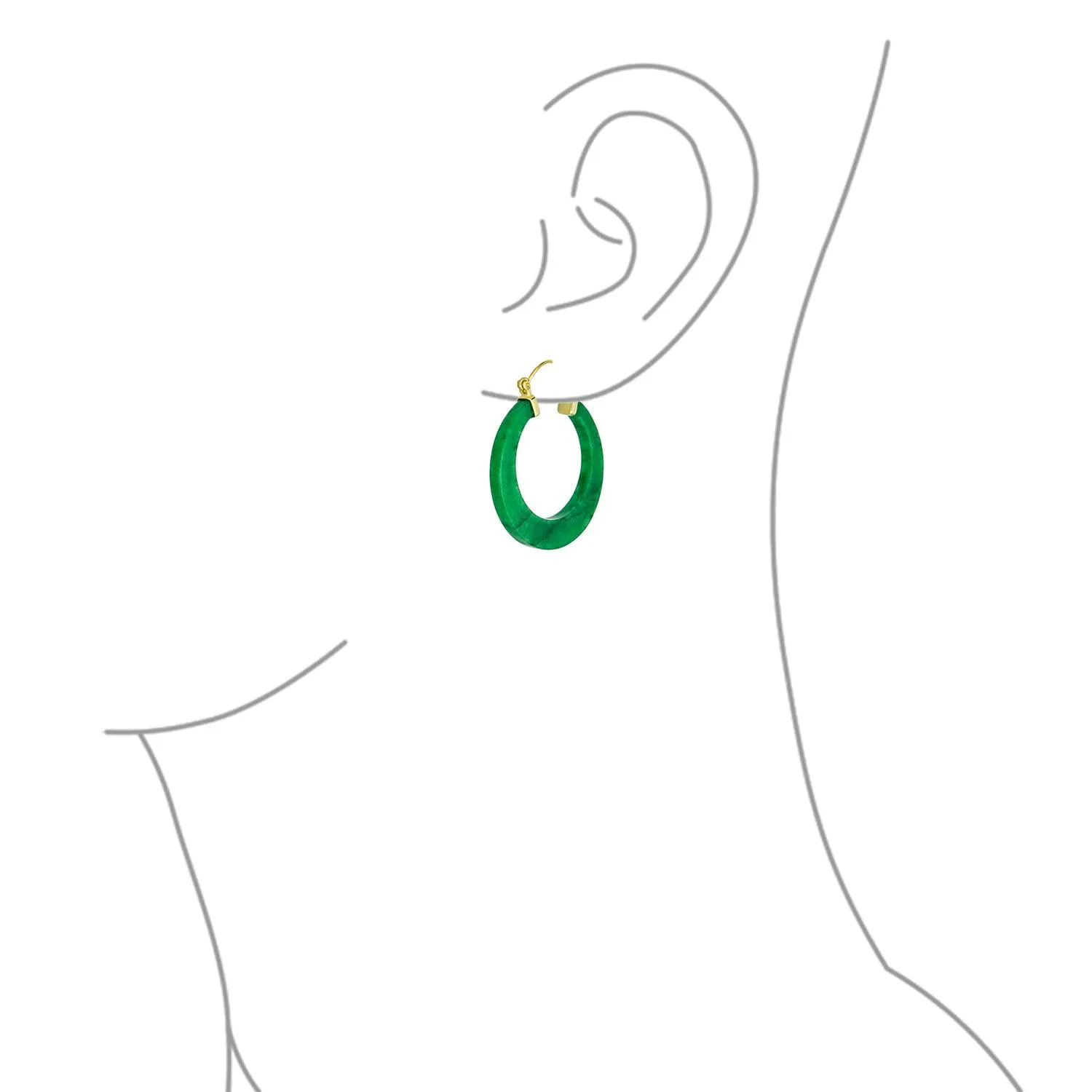 Jade Gemstone Green Jade Bamboo Hoop Earrings Sterling Silver 1.2" Dia