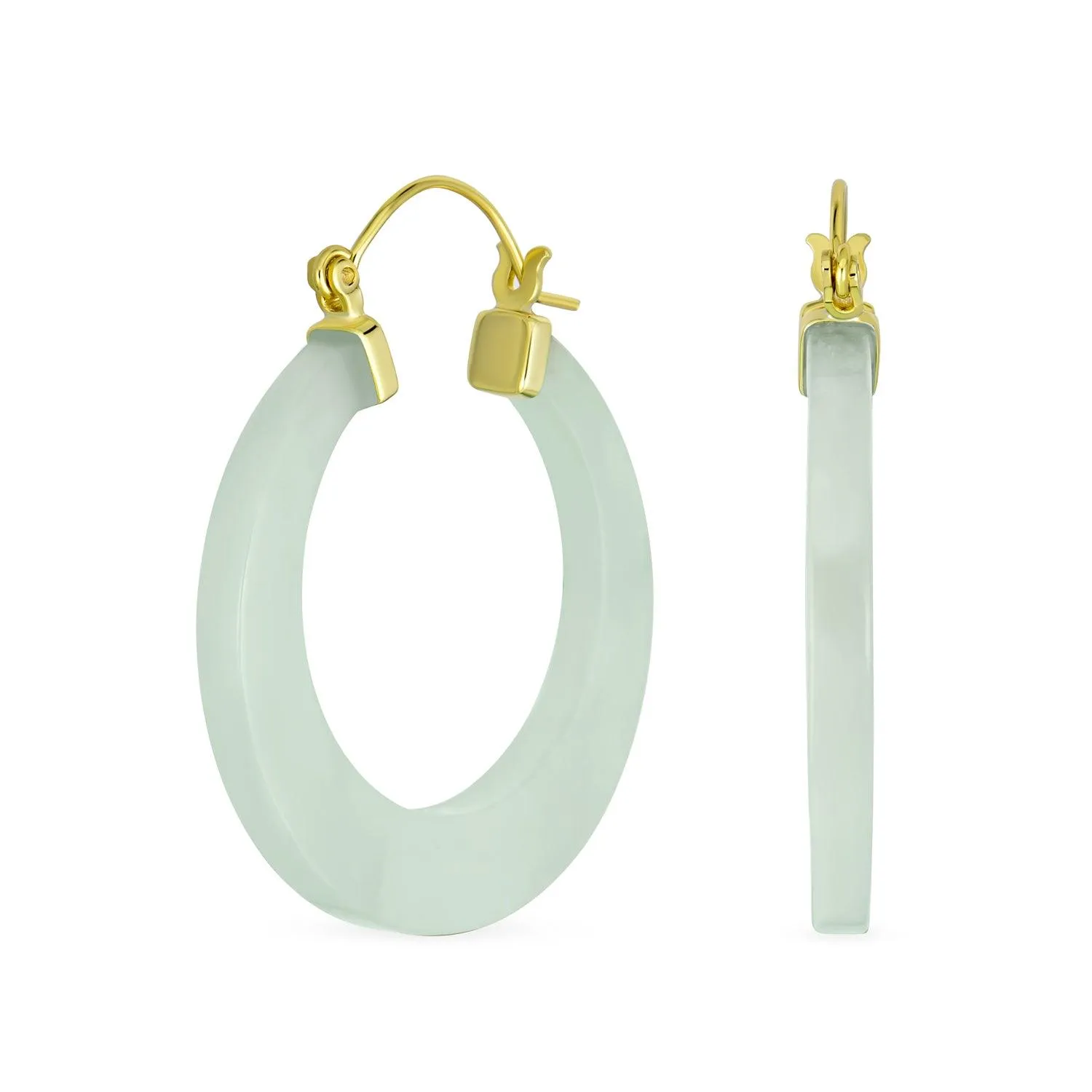 Jade Gemstone Green Jade Bamboo Hoop Earrings Sterling Silver 1.2" Dia