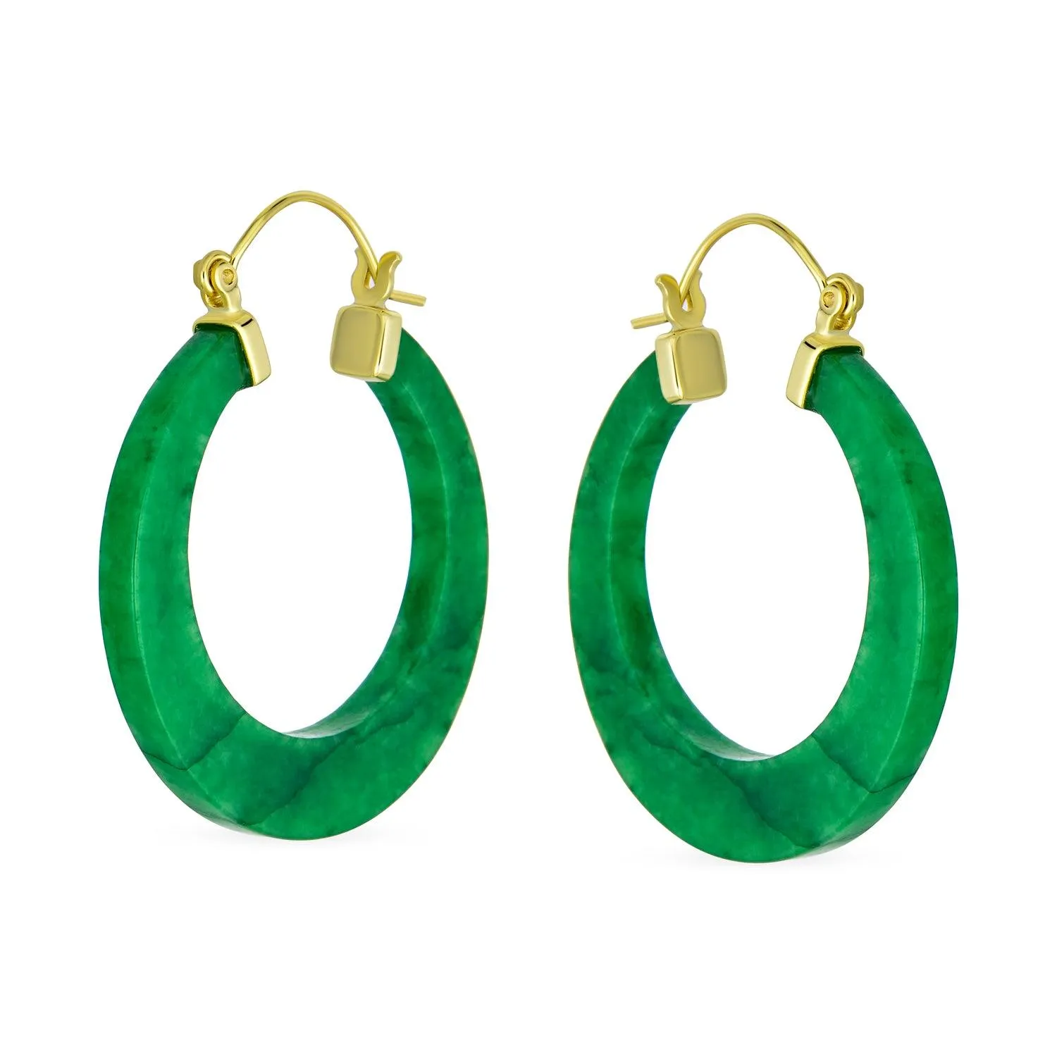 Jade Gemstone Green Jade Bamboo Hoop Earrings Sterling Silver 1.2" Dia