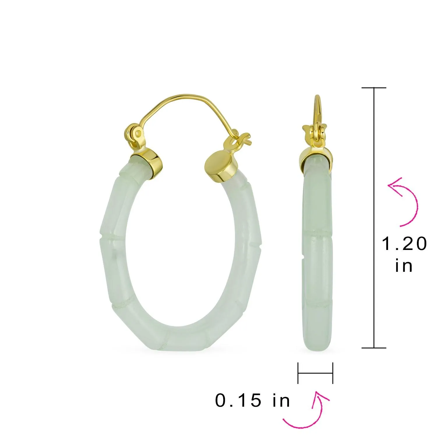 Jade Gemstone Green Jade Bamboo Hoop Earrings Sterling Silver 1.2" Dia