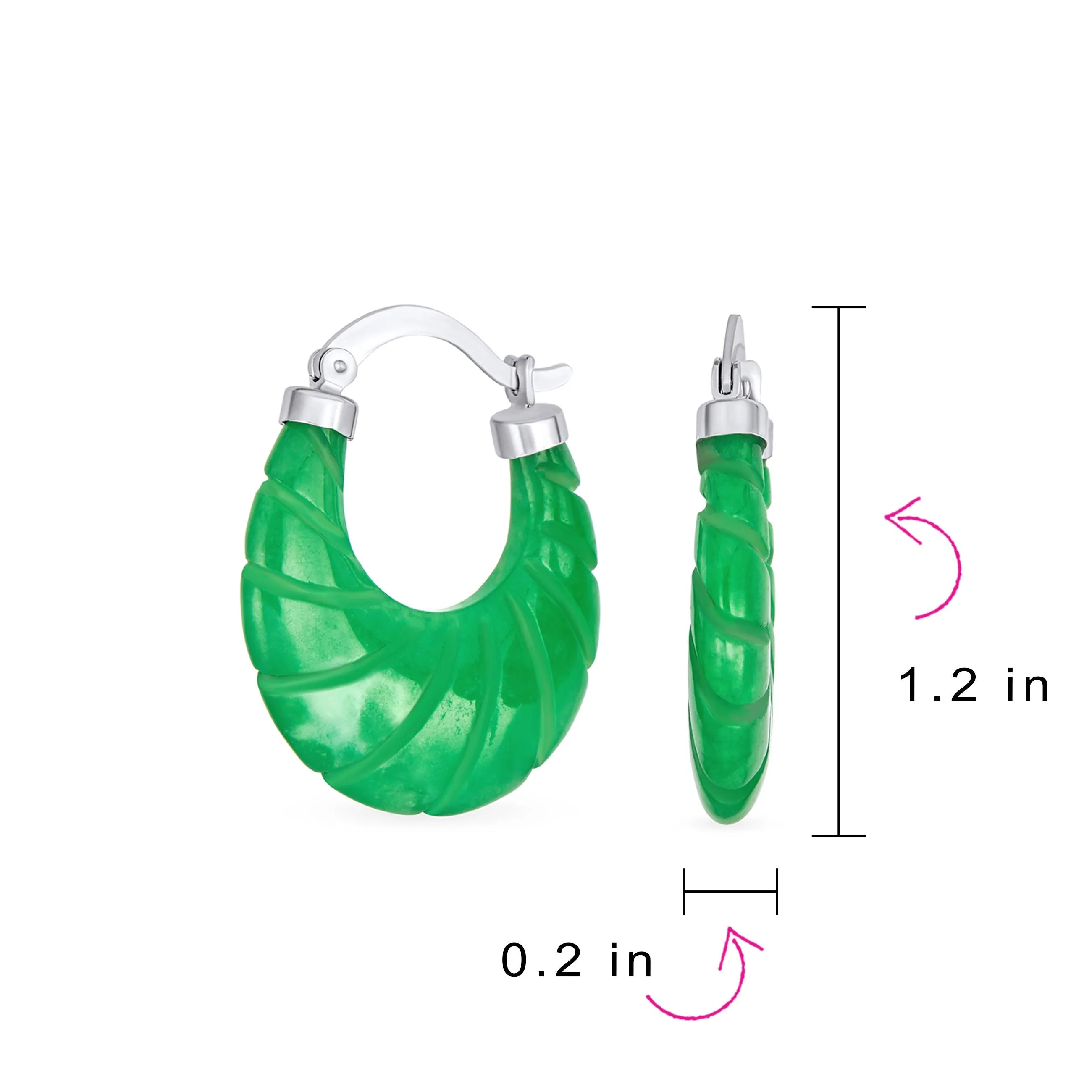 Jade Gemstone Green Jade Bamboo Hoop Earrings Sterling Silver 1.2" Dia