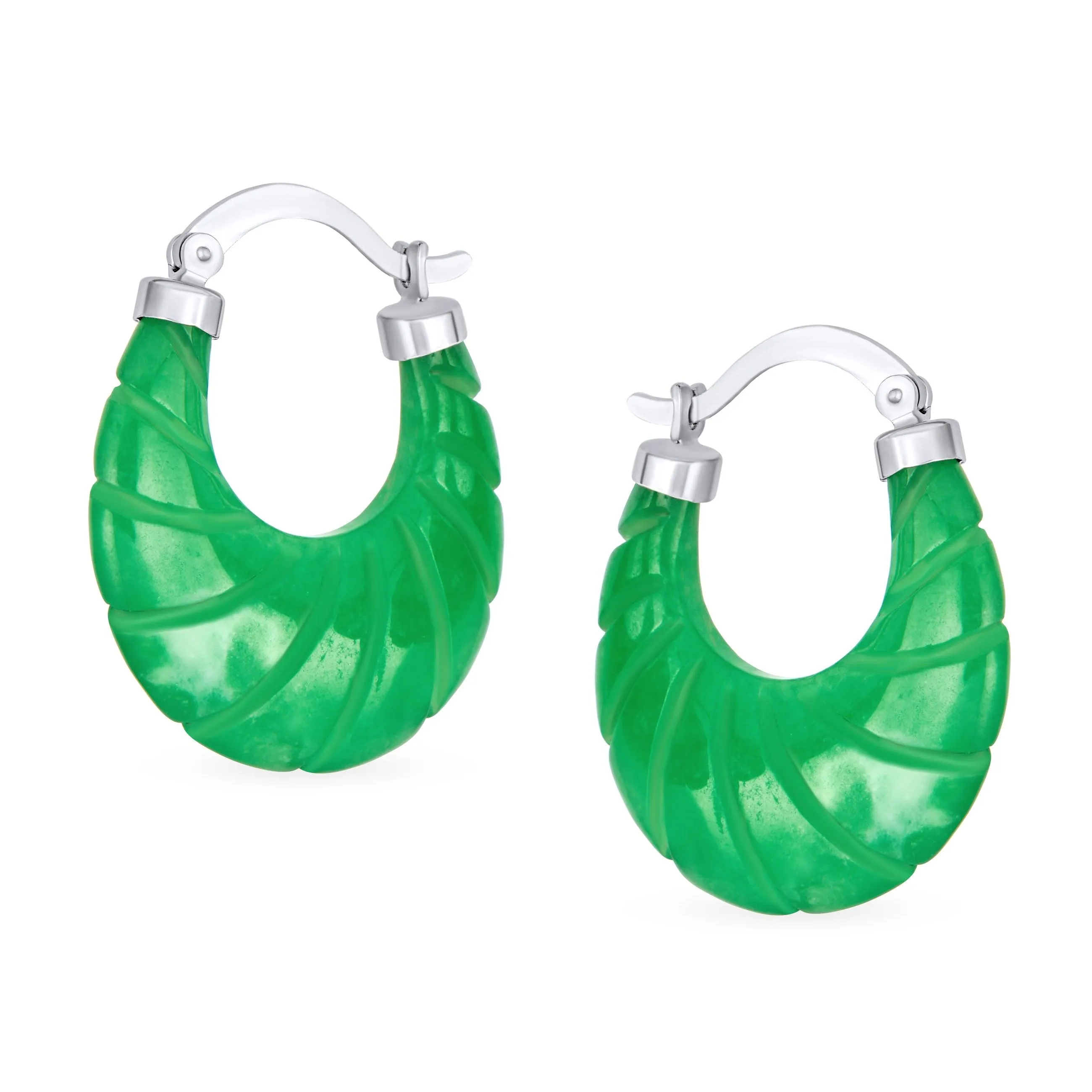 Jade Gemstone Green Jade Bamboo Hoop Earrings Sterling Silver 1.2" Dia