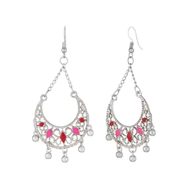 Jeweljunk Rhodium Plated Pink Meenakari Afghani Earrings