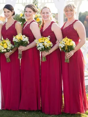 Lace A-line Popular Brideamaid Dresses, Burgundy Color Chiffon Bridesmaid Dresses