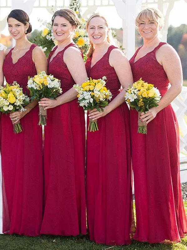 Lace A-line Popular Brideamaid Dresses, Burgundy Color Chiffon Bridesmaid Dresses