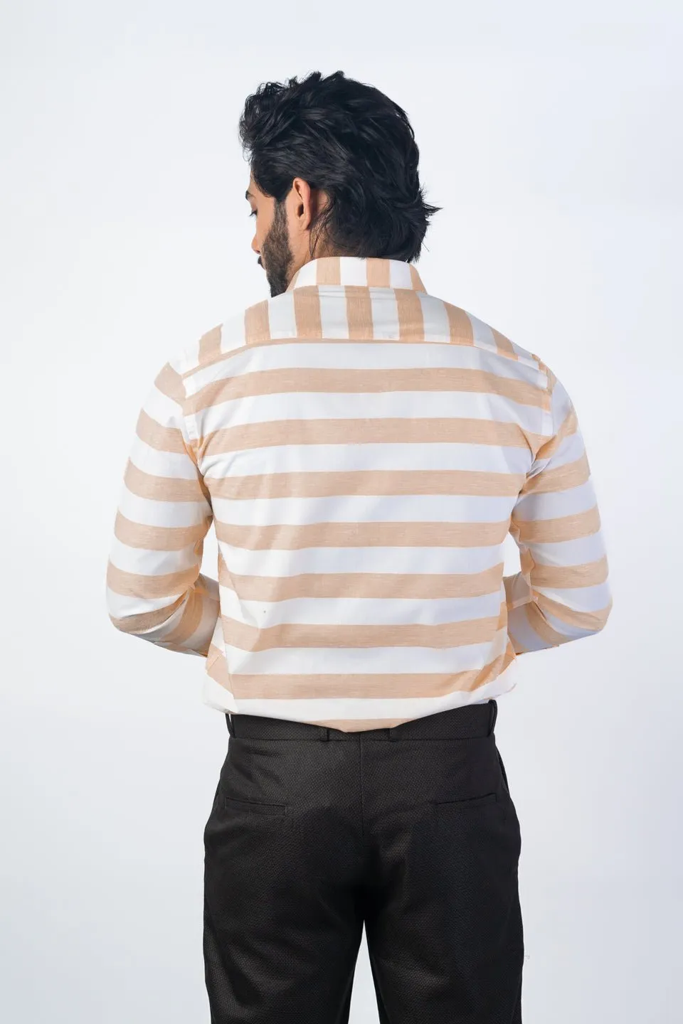 Light Tan Color Cotton Stripe Shirt For Men