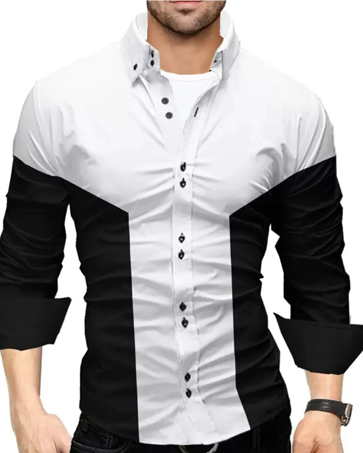 Men Colorblocked Casual Shirt White Black