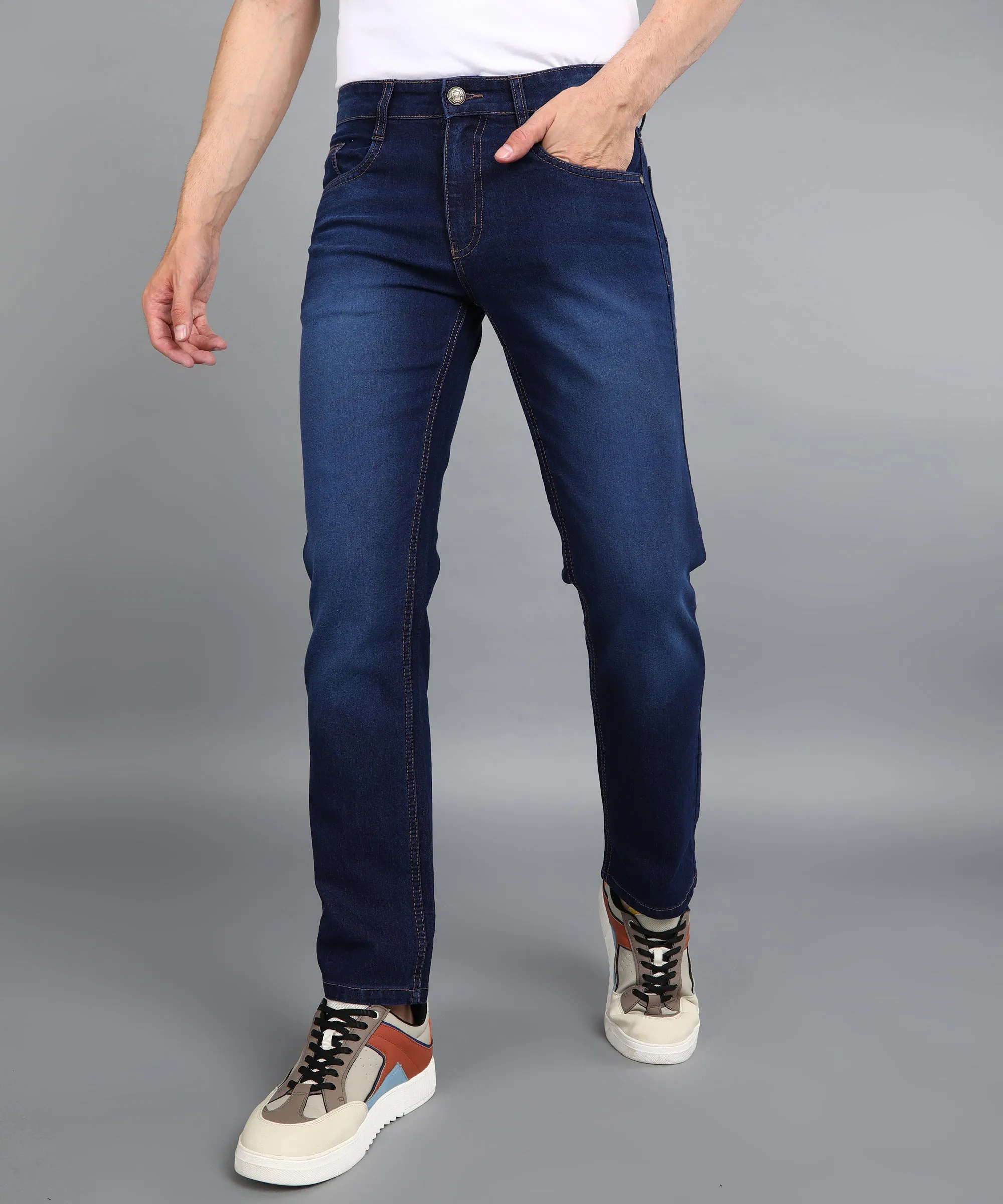 Men Dark Blue Regular Fit Washed Jeans Stretchable