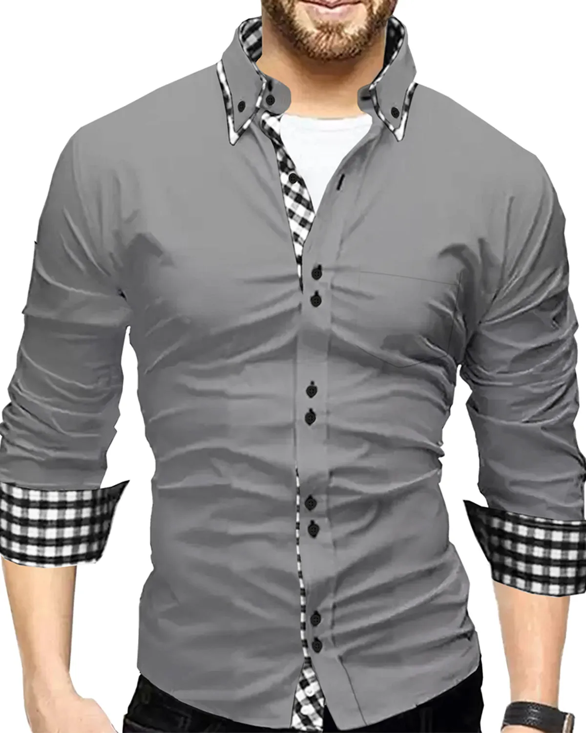 MEN FULL HAND GREY CHECKED CONTRAST SHIRT