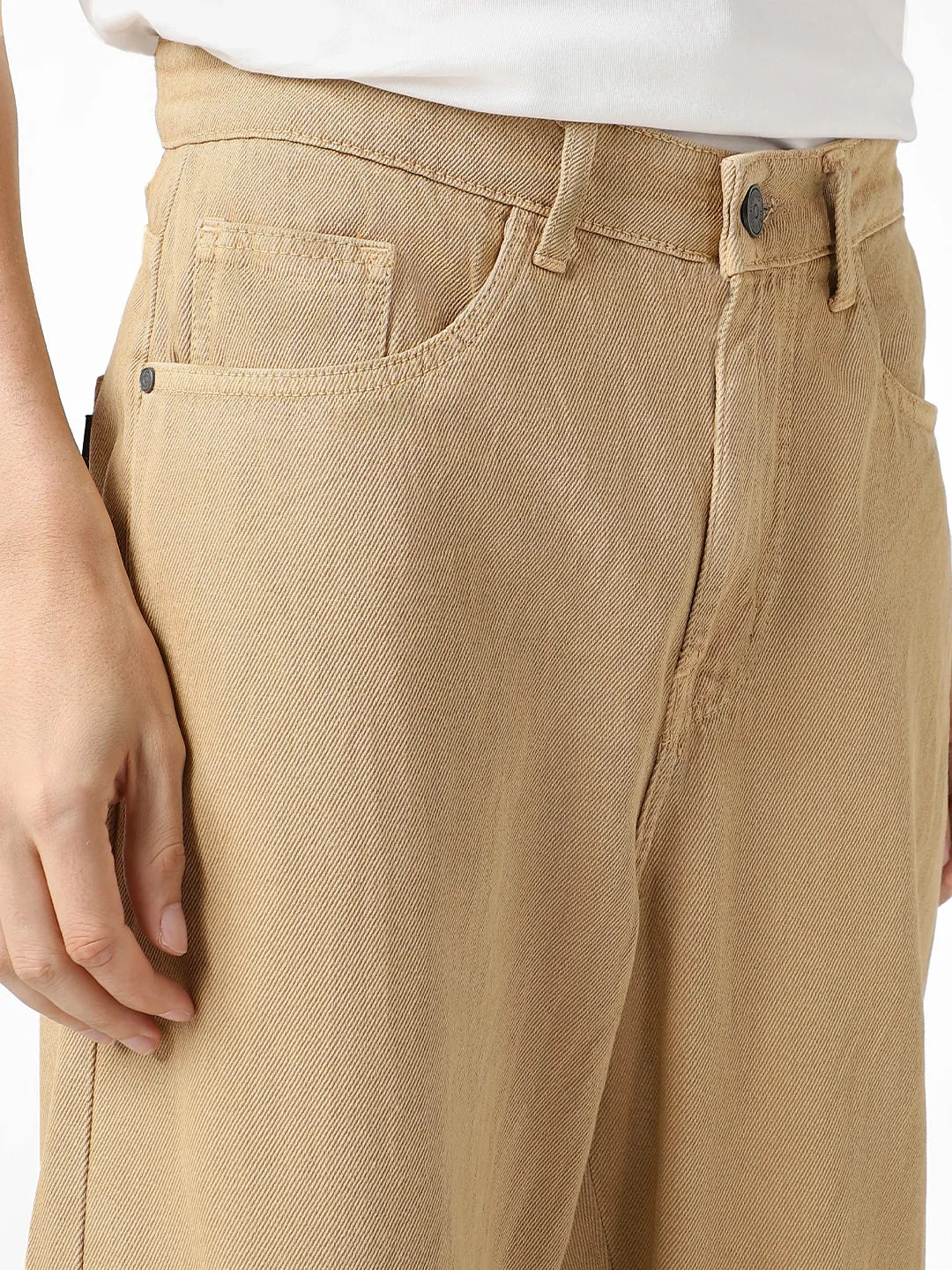 Men's Beige Loose Baggy Fit Washed Jeans Non-Stretchable