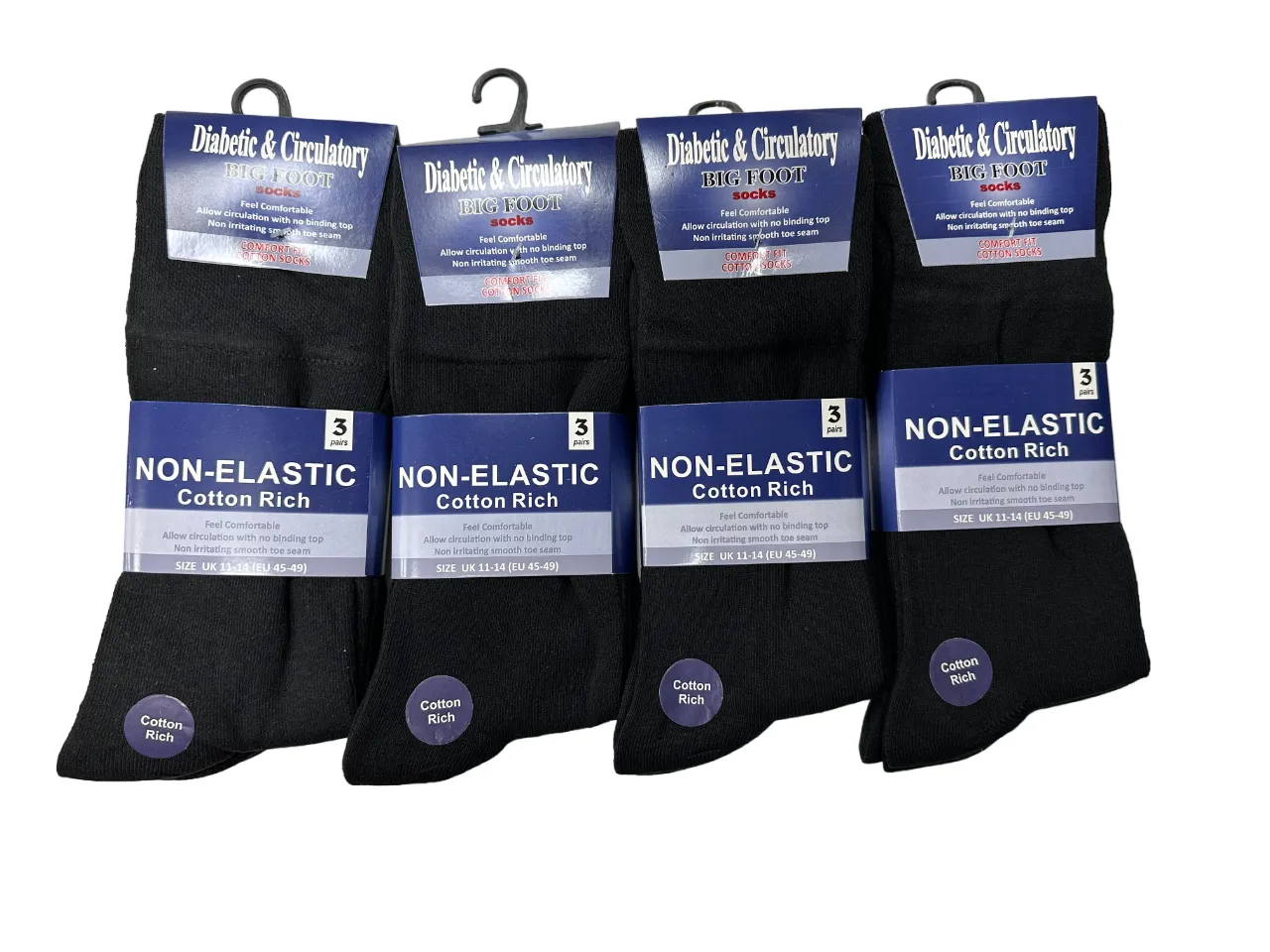 Mens Diabetic Socks Non Elastic Cotton Rich Plain Black Big Foot