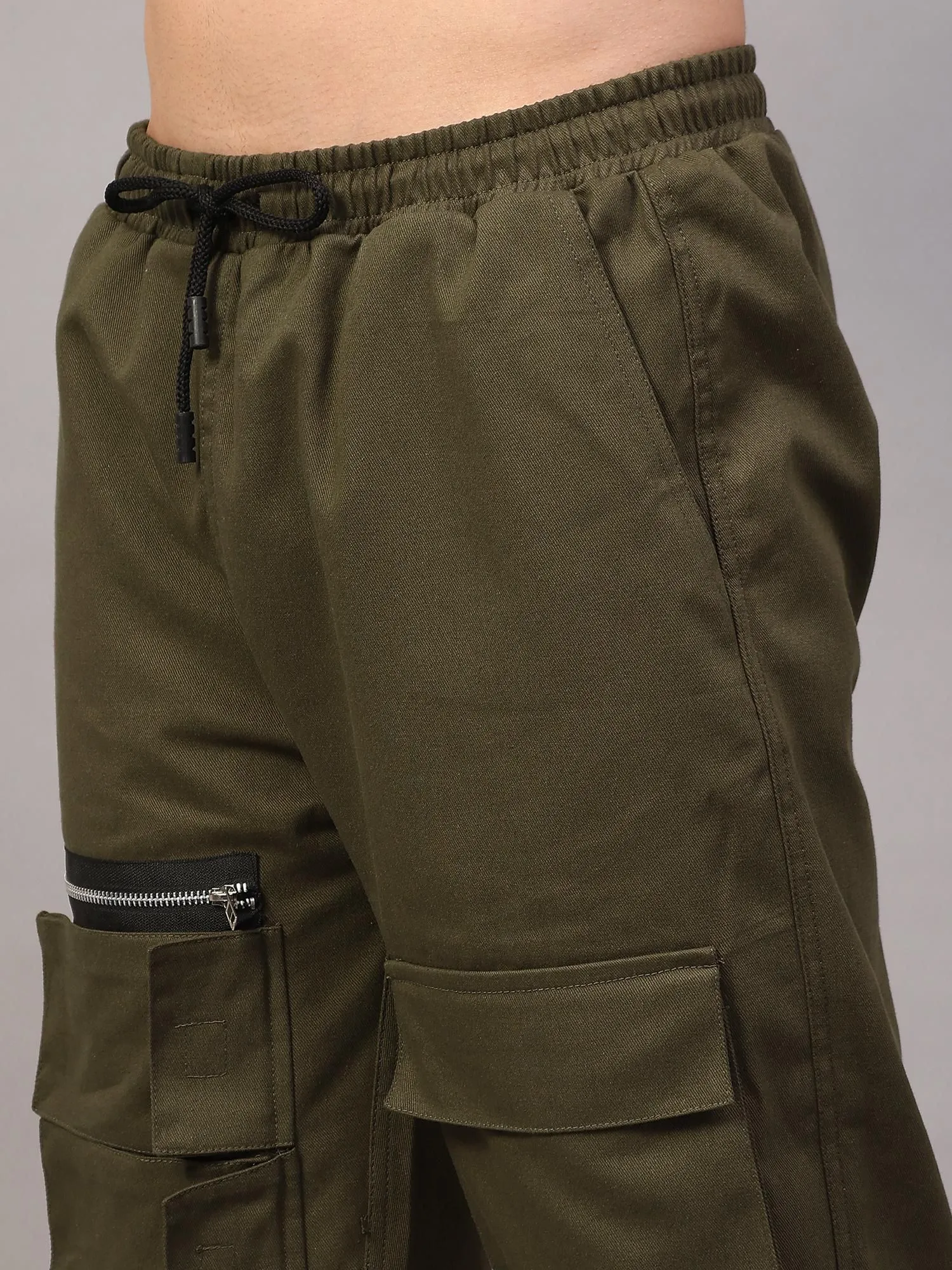 Men's Slim Fit Cargo Pants in Olive Green Cotton Fabric with Multiple Pockets for Utility