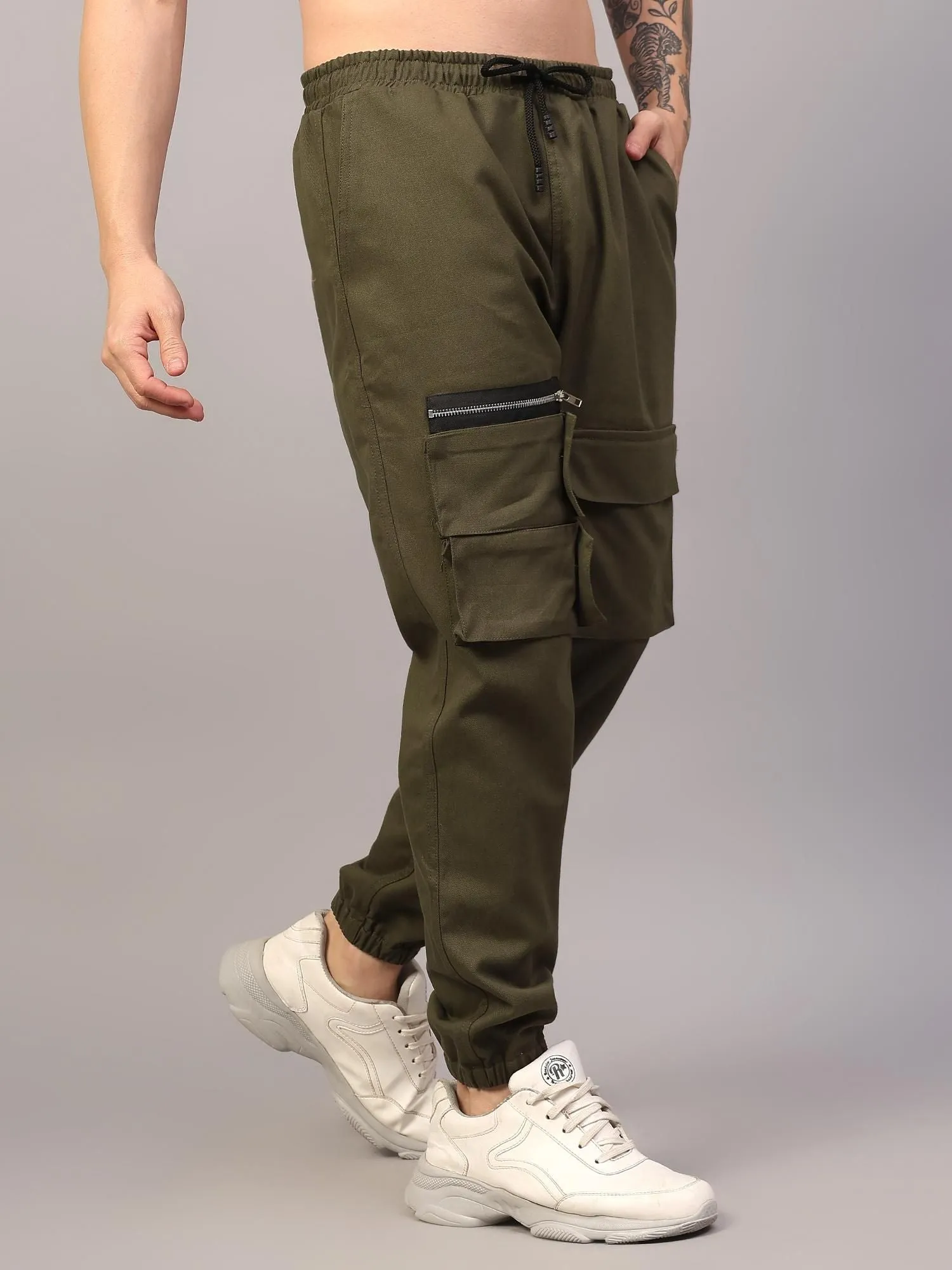 Men's Slim Fit Cargo Pants in Olive Green Cotton Fabric with Multiple Pockets for Utility