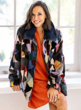 Multicolor Mink Fur Bomber Jacket with Zip Front