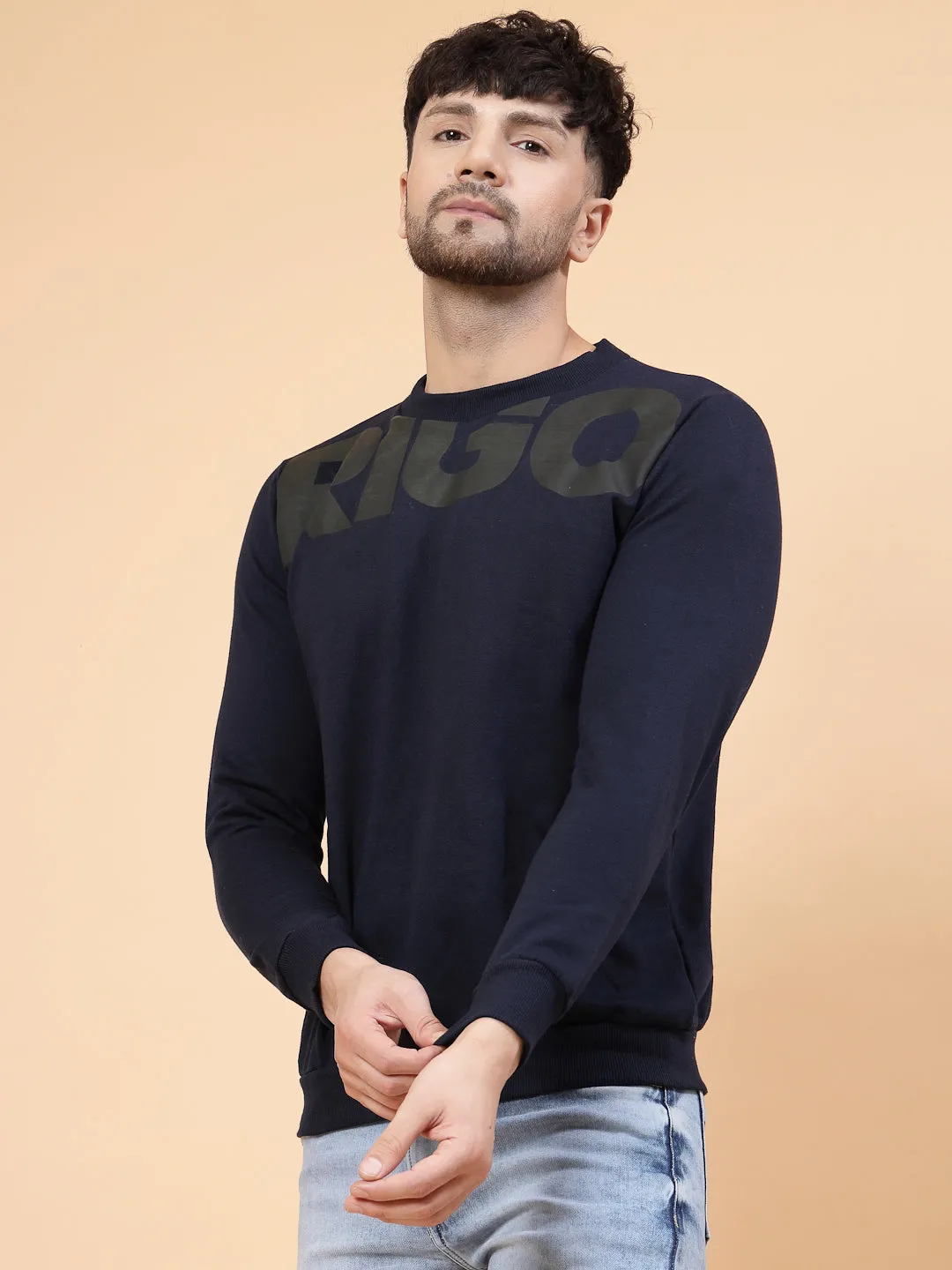 Navy Printed Round Neck Fleece Sweatshirt