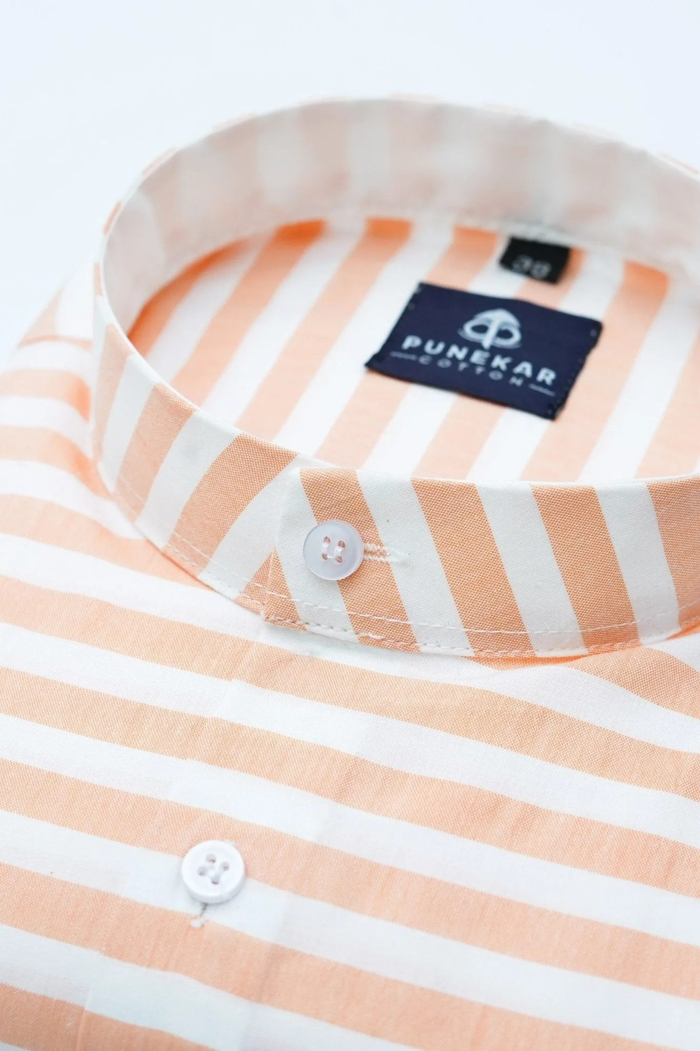 Peach Orange Color Stand Collar Strips Shirts For Men