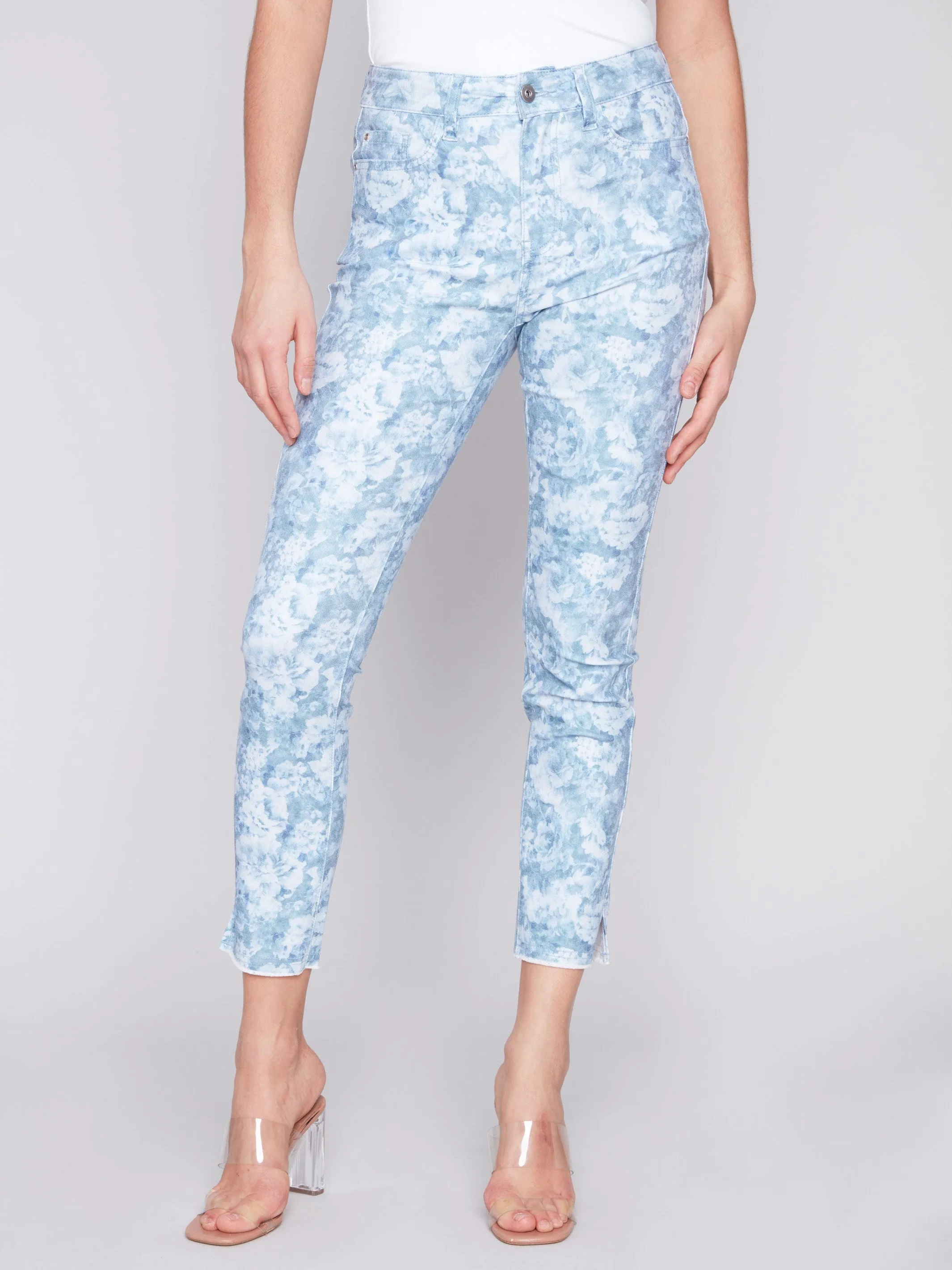 Printed Twill Pants with Hem Slit - Blue Rose